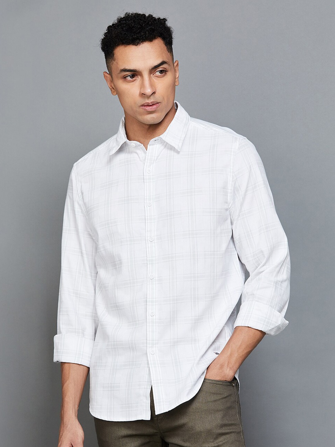 

Fame Forever by Lifestyle Tartan Checked Cotton Casual Shirt, White
