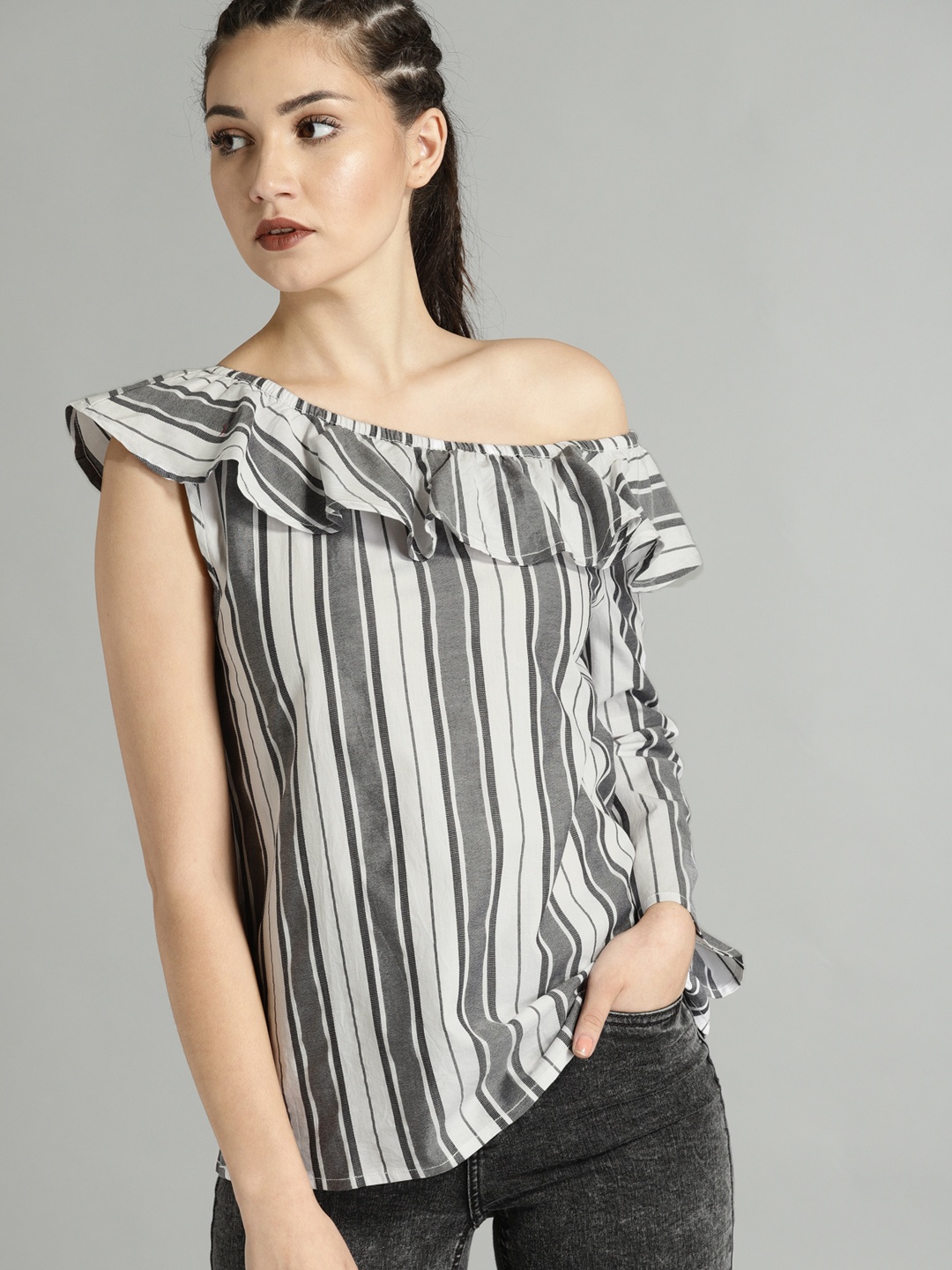 

Roadster Time Travlr Women Black & Off-White Striped One-Shoulder Pure Cotton Top