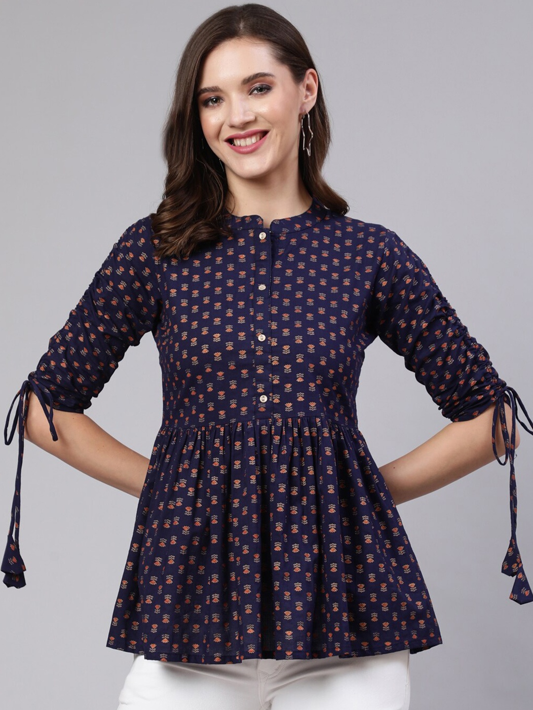 

Nayo Floral Printed Mandarin Collar Pure Cotton Peplum Top, Navy blue