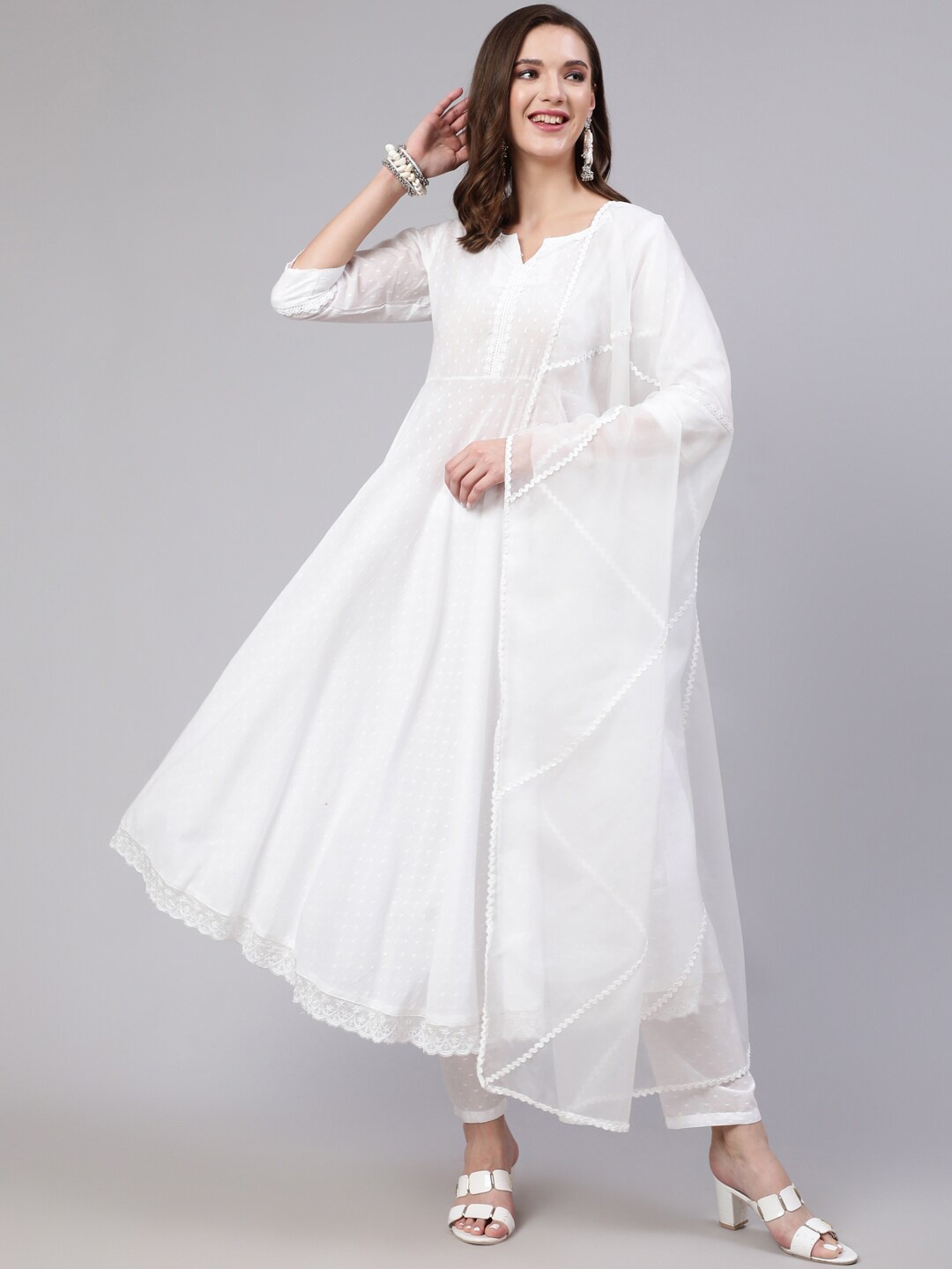 

Nayo White Round Neck White Regular Self Design Thread Work Kurta & Trousers With Dupatta