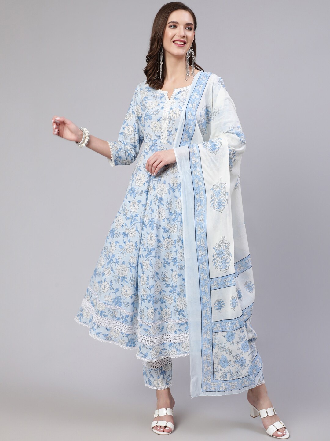 

Nayo Blue Floral Printed Thread Work Anarklai Kurta & Trousers With Dupatta