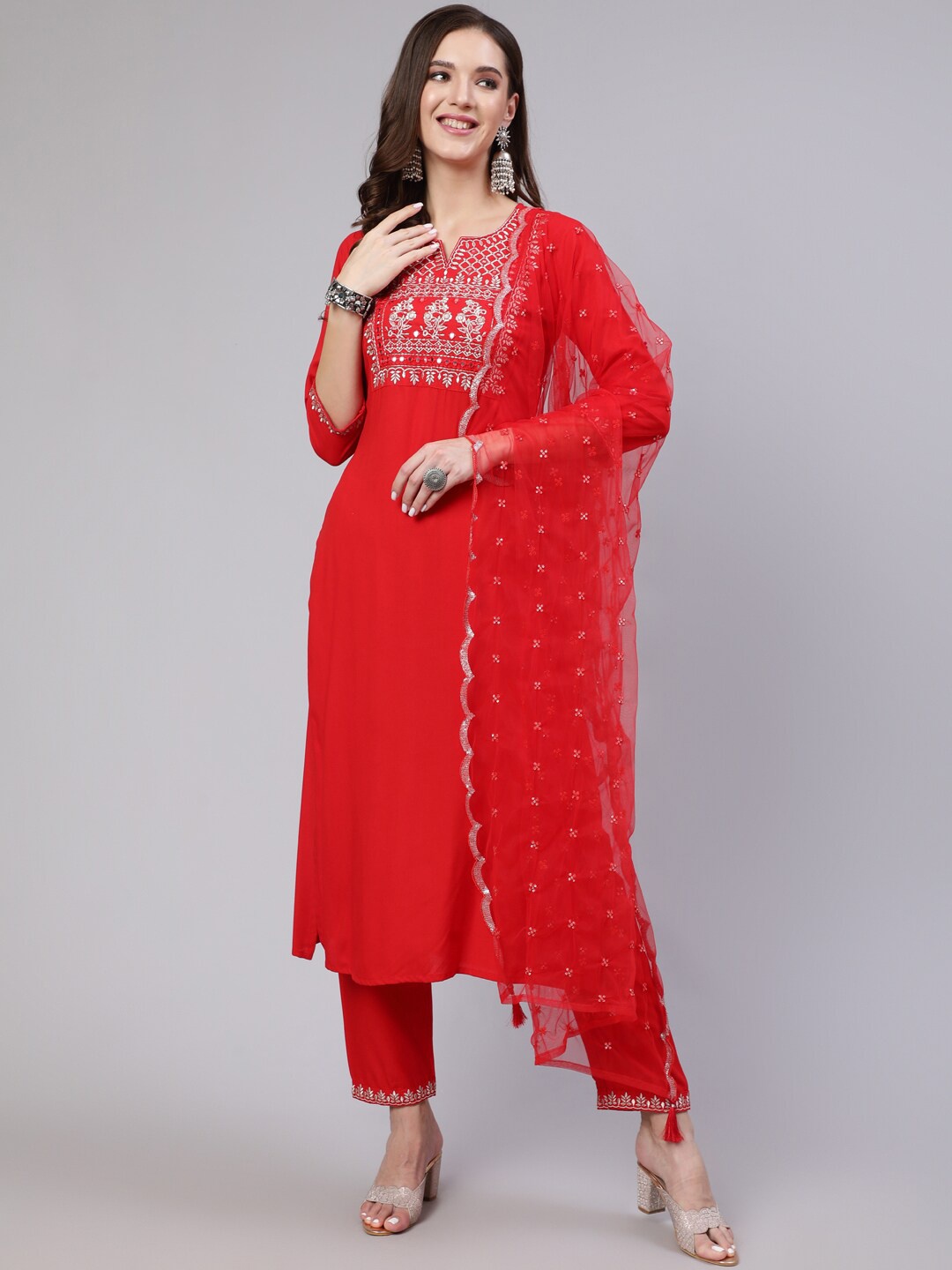 

Nayo Round Neck Red Ethnic Motifs Yoke Design Thread Work Kurta & Trousers With Dupatta