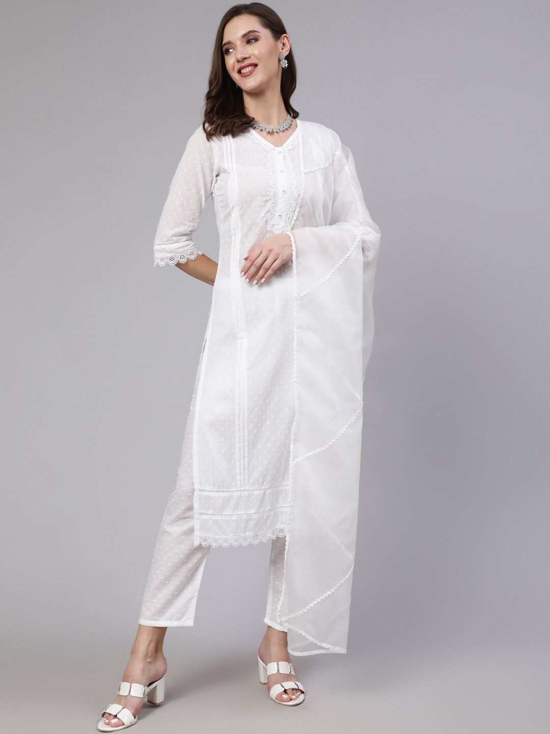 

Nayo V Neck White Striped Regular Self Design Thread Work Kurta & Trousers With Dupatta