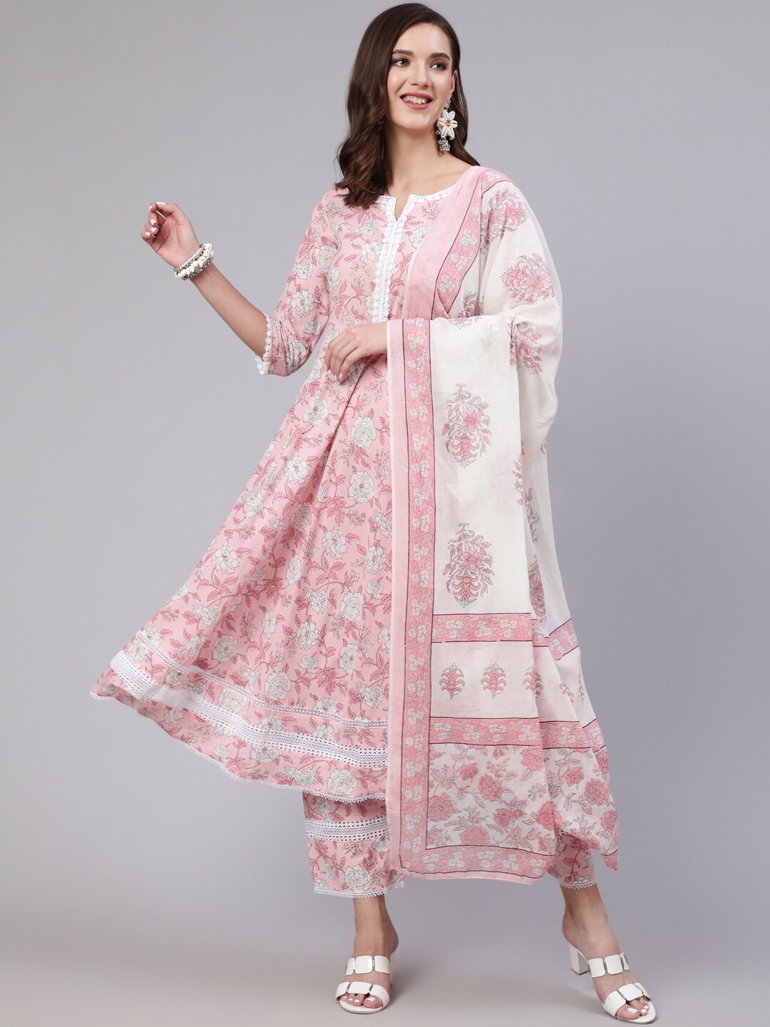 

Nayo Pink Floral Printed Thread Work Anarklai Kurta & Trousers With Dupatta