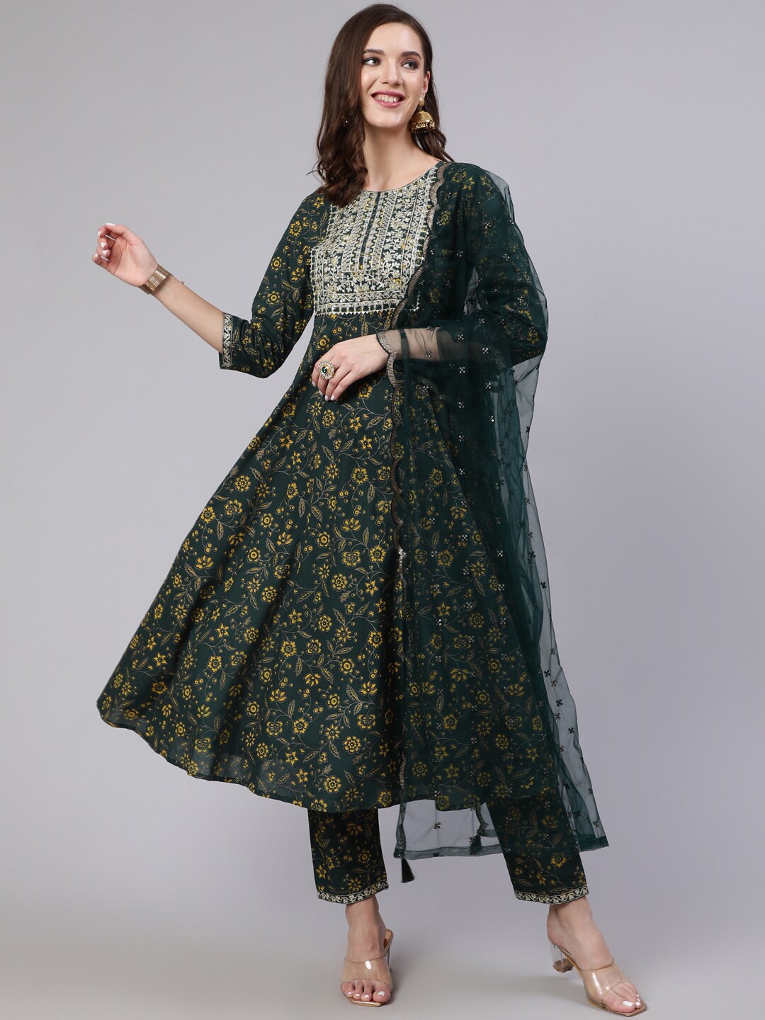 

Nayo Round Neck Green Floral Printed Sequinned Yoke Design Kurta & Trousers With Dupatta