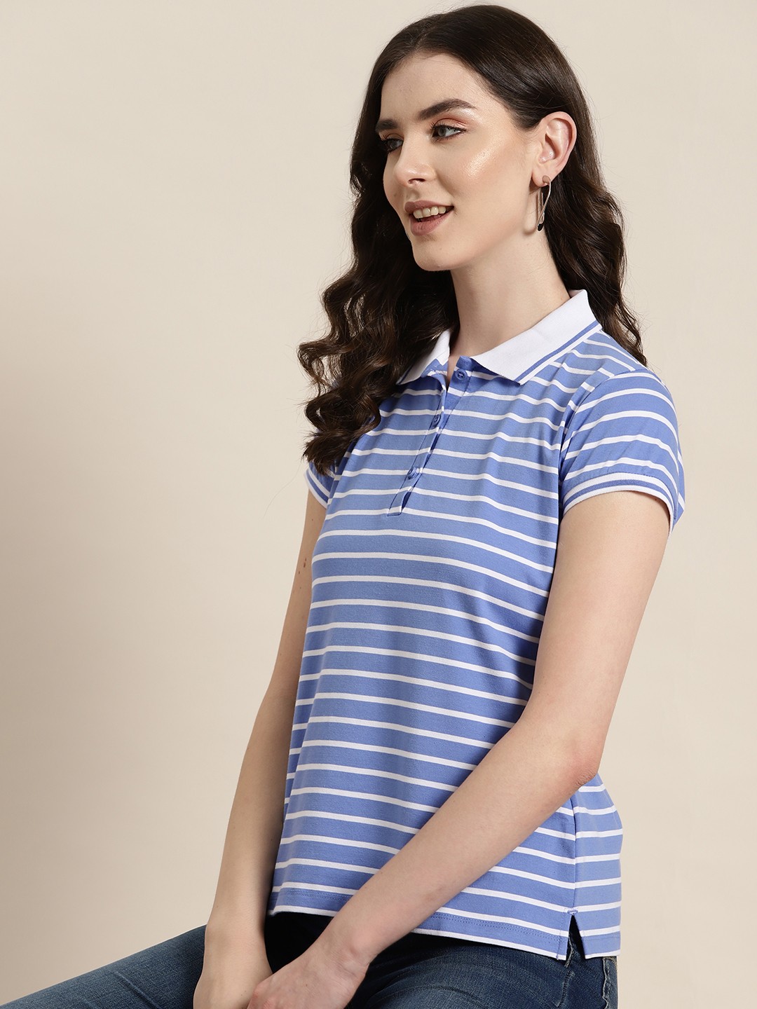 

HERE&NOW Women Striped Polo Collar T-shirt, Blue