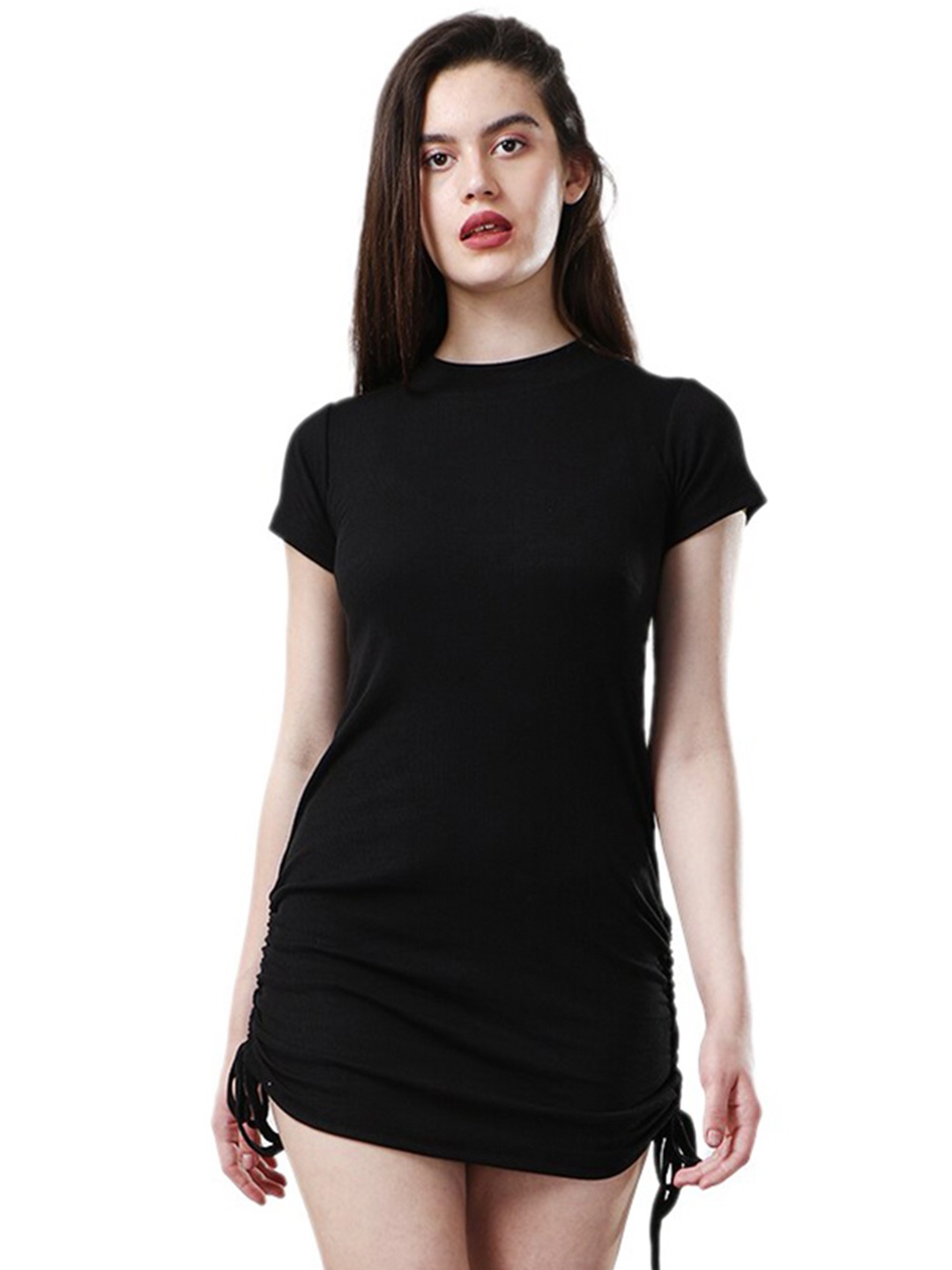 

CareDone Ruched High Neck Tie-Up Mini Bodycon Dress, Black