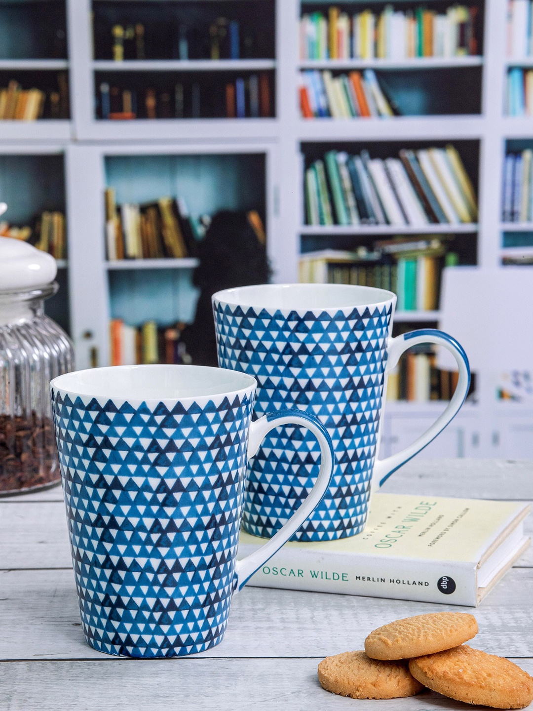 

GOODHOMES 2 Pieces White & Blue Printed Bone China Glossy Coffee Mugs - 360 ML Each