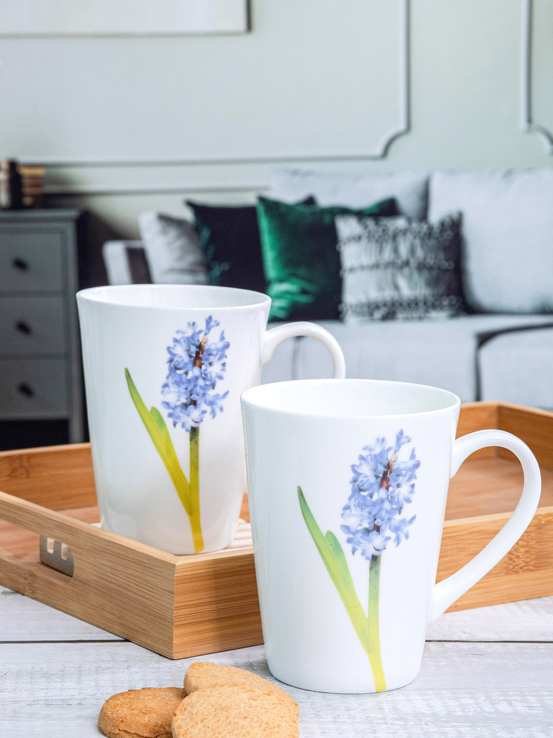 

GOODHOMES 2 Pieces White & Lavender Printed Bone China Glossy Coffee Mugs - 360 ML Each