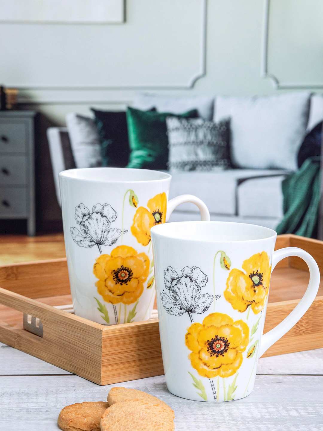 

GOODHOMES 2 Pieces White & Yellow Floral Printed Bone China Coffee Mugs - 360 ML Each