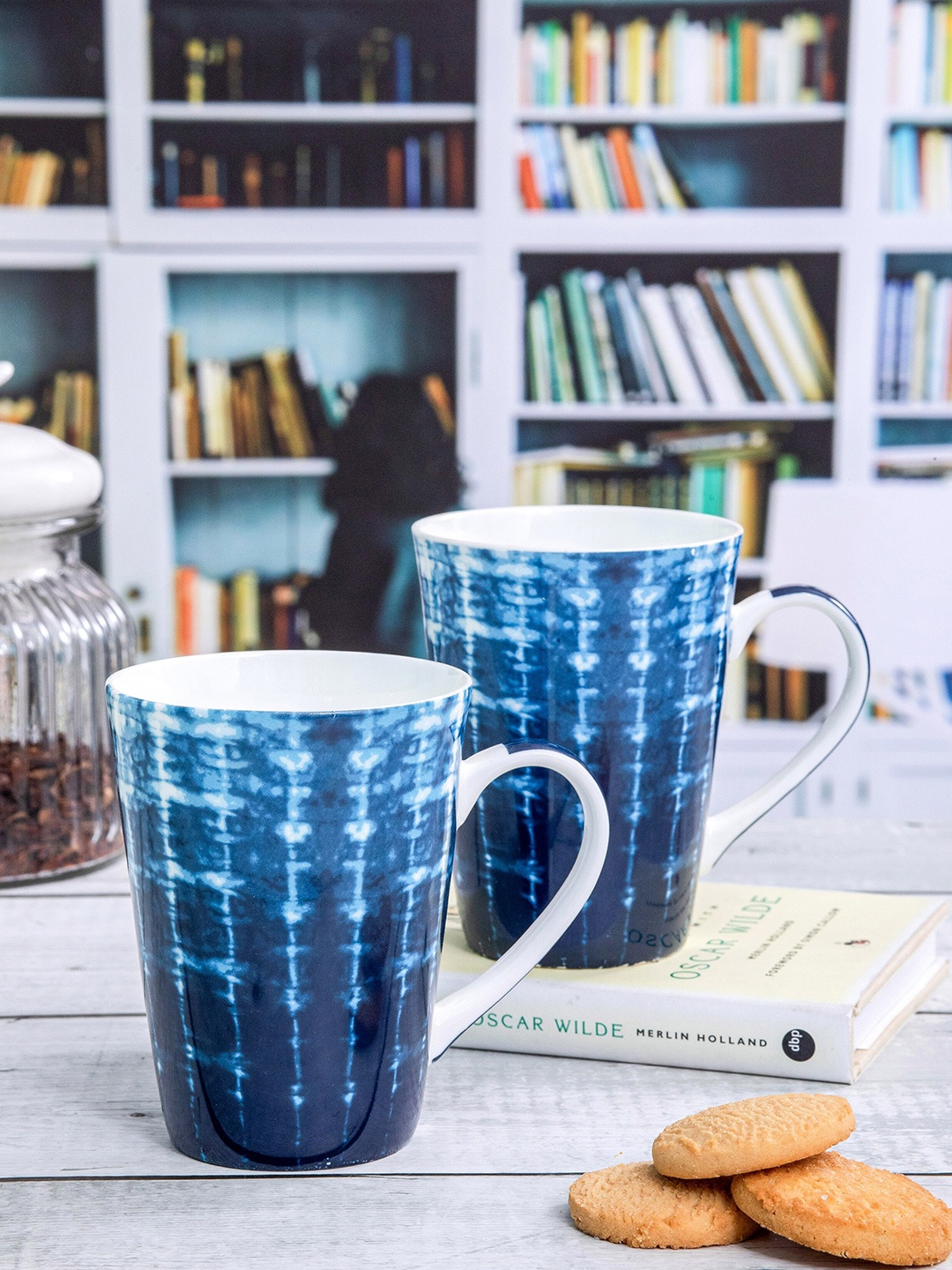 

GOODHOMES 2 Pieces White & Blue Printed Bone China Glossy Coffee Mugs - 360 ML Each