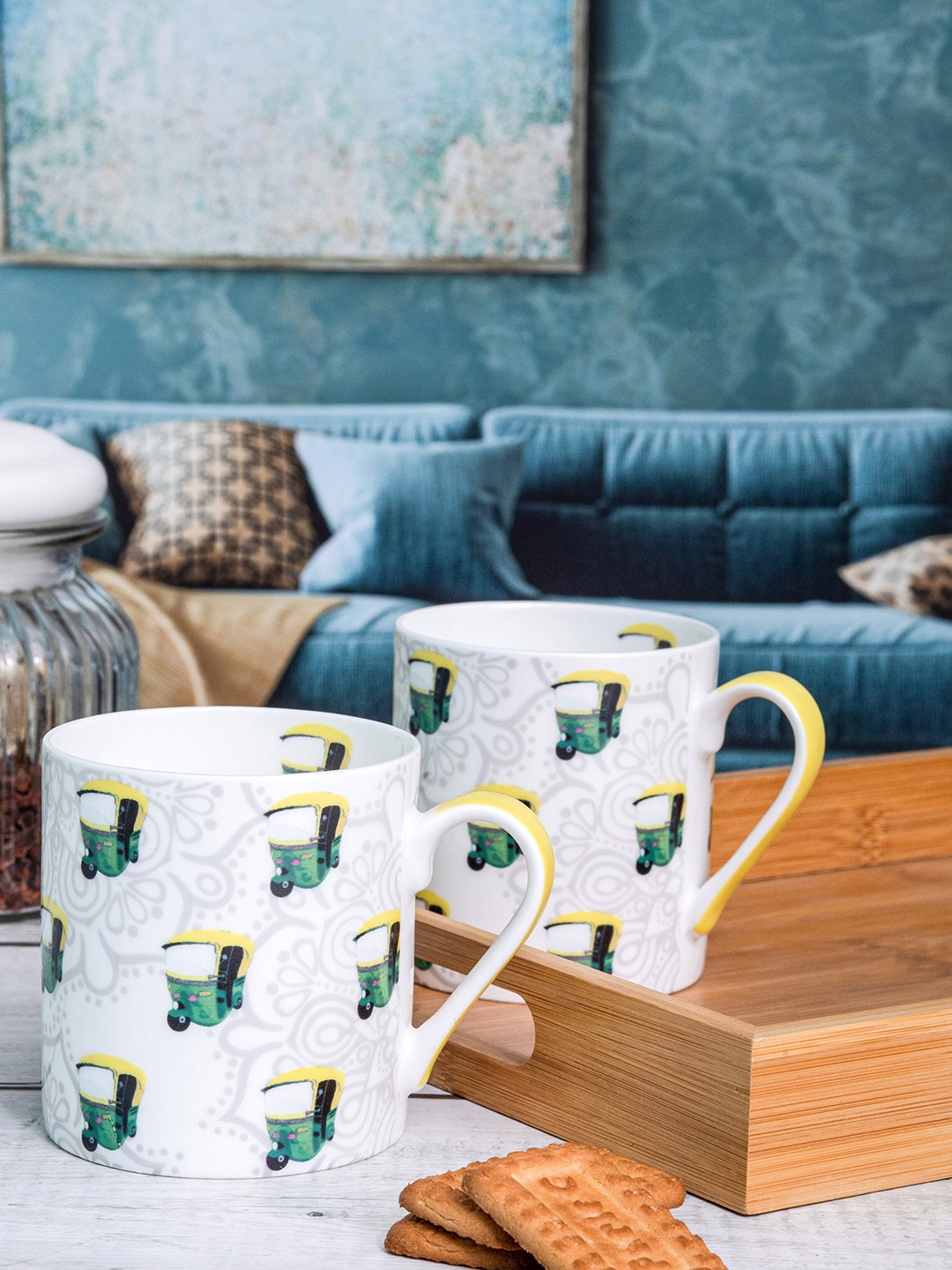 

GOODHOMES 2 Pieces White & Green Printed Bone China Glossy Coffee Mugs - 360 ML Each