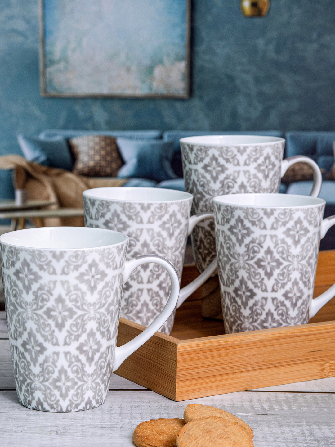 

GOODHOMES White 2 Pieces Floral Printed Bone China Glossy Mugs 360 ml
