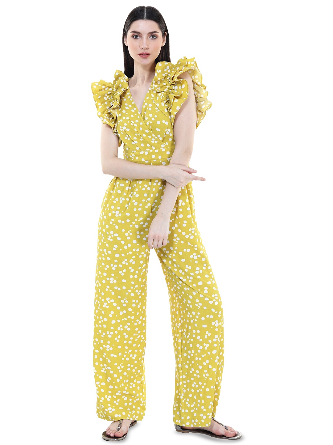 

TSM Polka Dots Printed V-Neck Flutter Sleeve Ruffled Basic Jumpsuit, Yellow