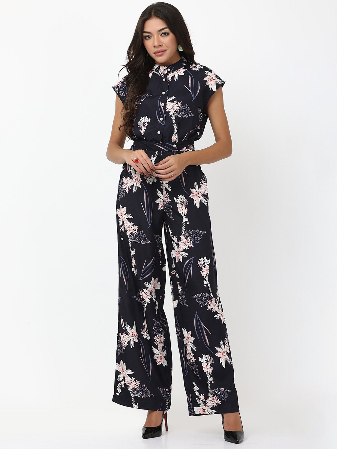 

TSM Floral Printed Mandarin Collar Basic Jumpsuit, Navy blue