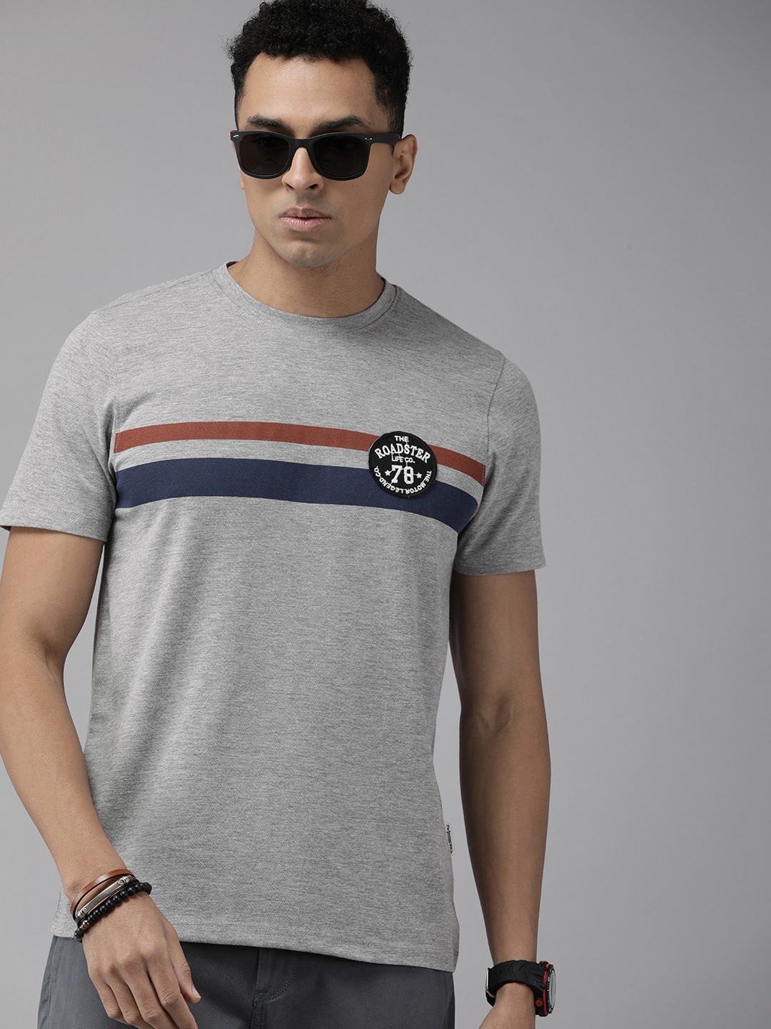 

Roadster Men Striped T-shirt, Grey melange
