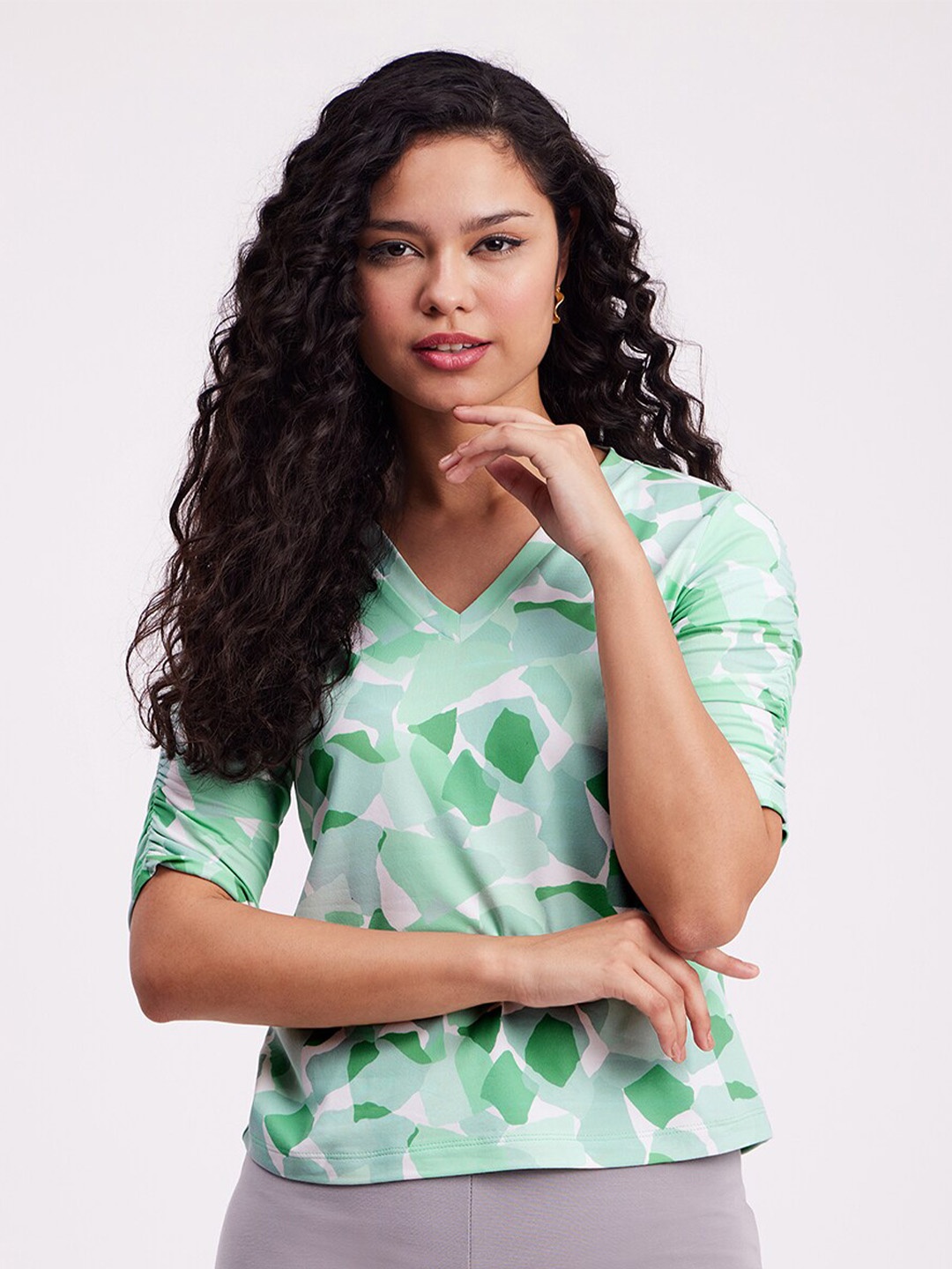 

FableStreet Abstract Printed Ruched Sleeves Top, Green