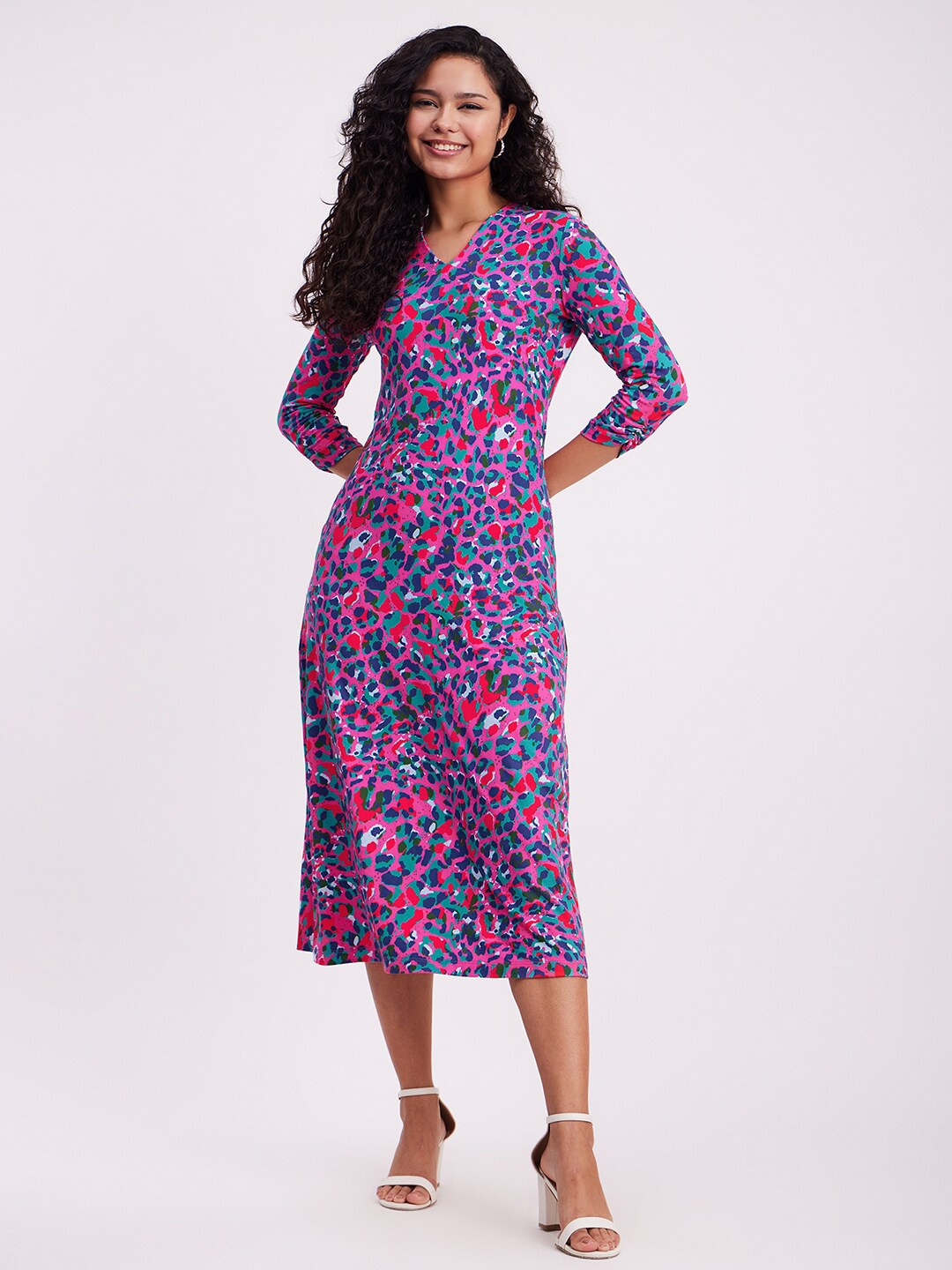 

FableStreet Abstract Printed V-Neck A-Line Midi Dress, Pink