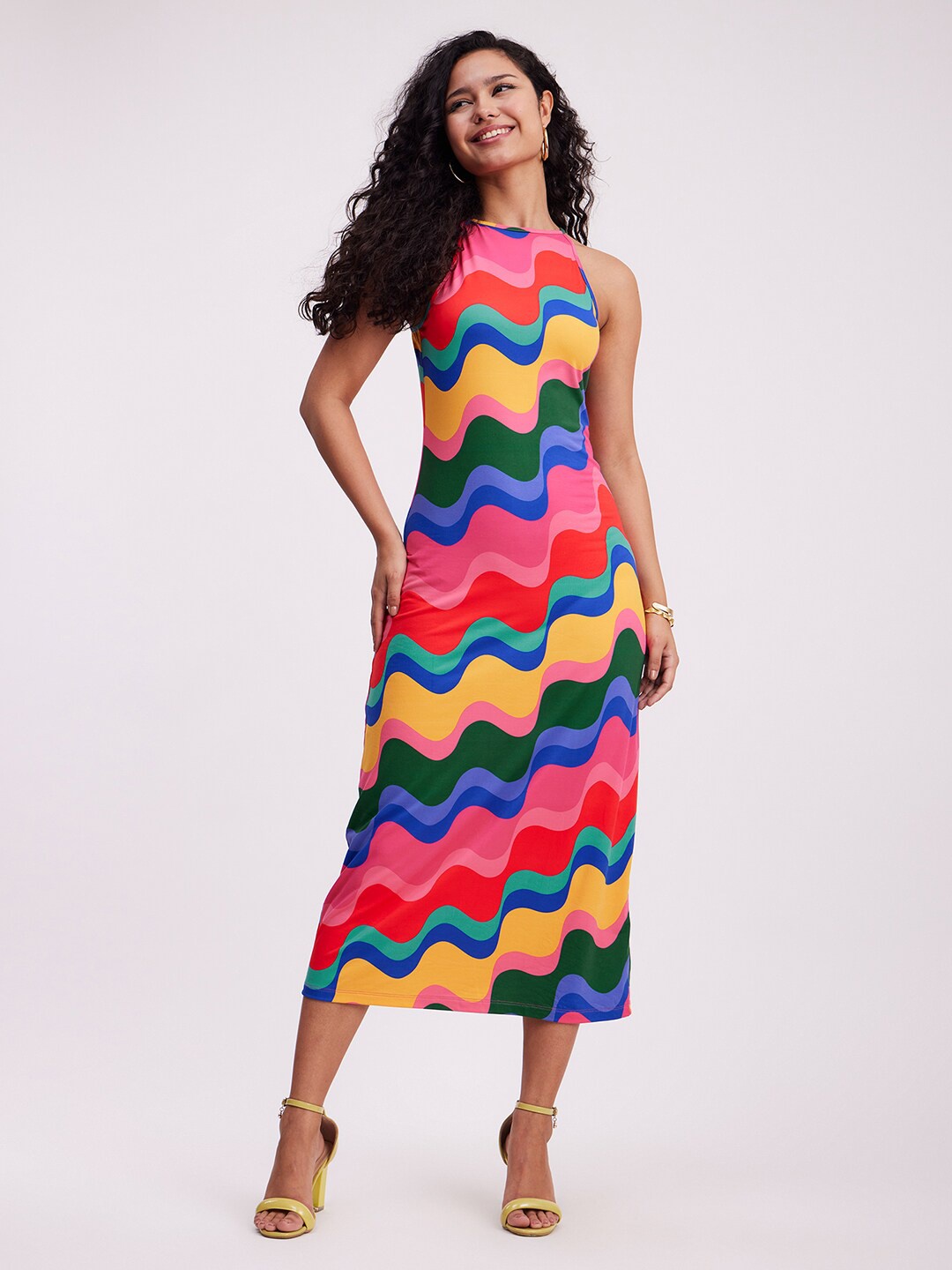 

FableStreet Abstract Printed Sleeveless Sheath Midi Dress, Pink