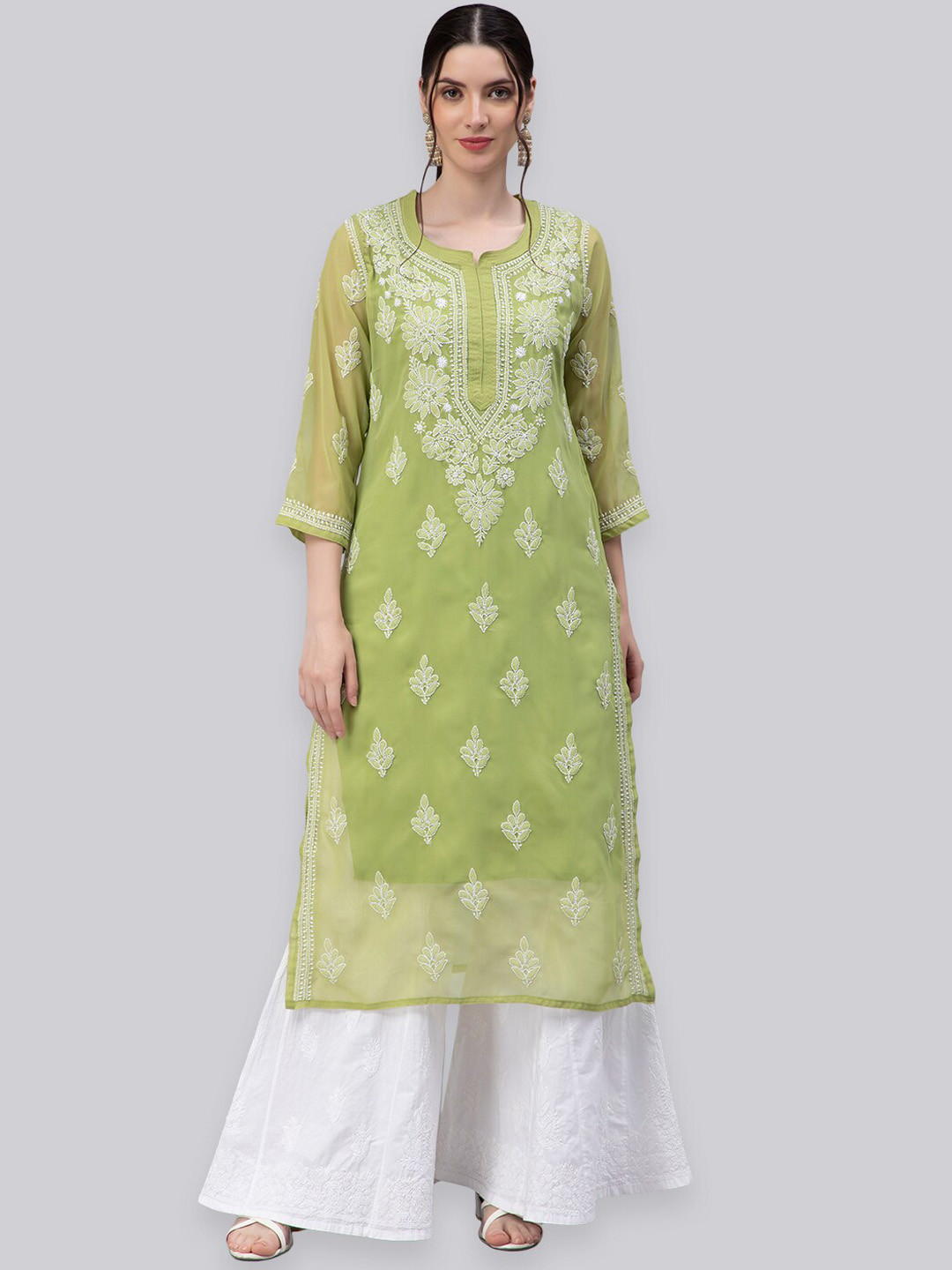 

Seva Chikan Ethnic Motifs Embroidered Chikankari Kurta Comes with a slip, Green