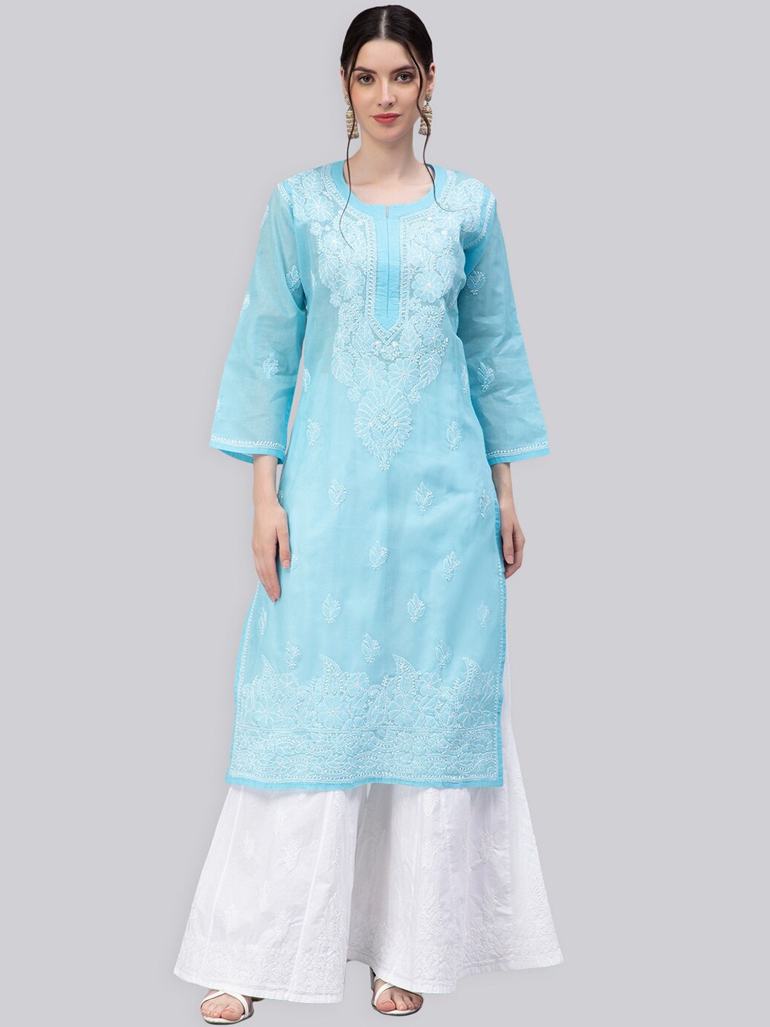

Seva Chikan Ethnic Motifs Embroidered Chikankari Straight Voile Kurta, Blue