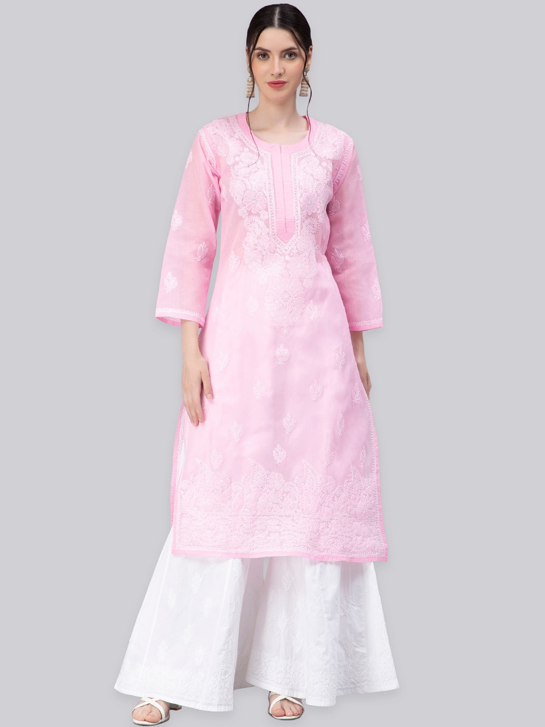 

Seva Chikan Ethnic Motifs Embroidered Chikankari Straight Voile Kurta, Pink