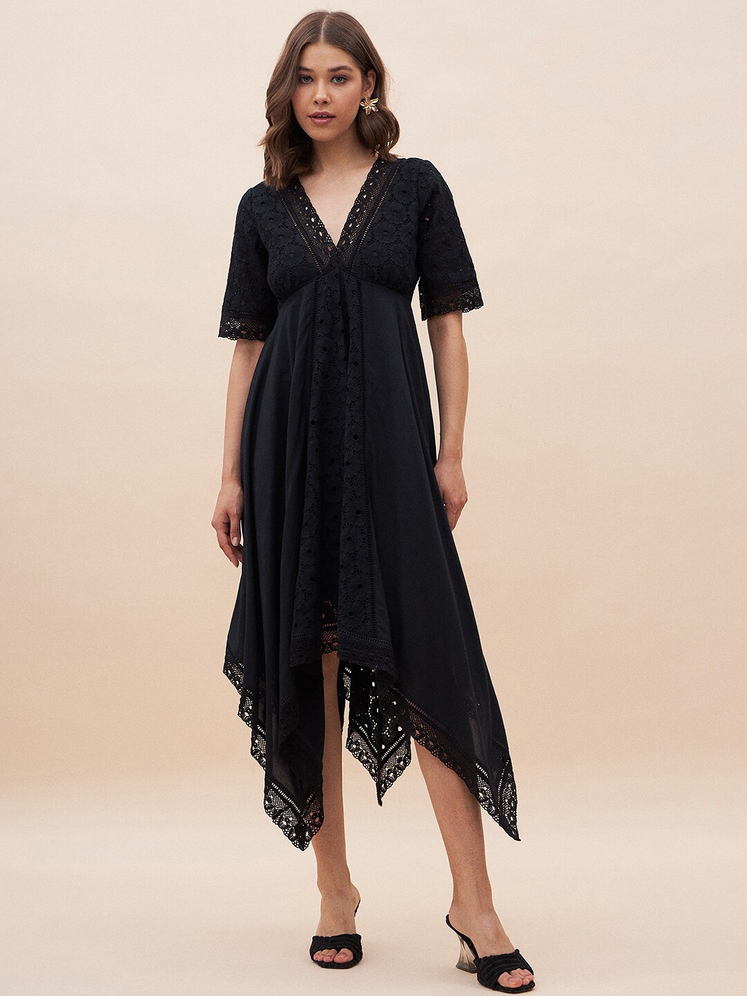 

Femella Self Design V-Neck Pure Cotton Fit & Flare Midi Dress, Black