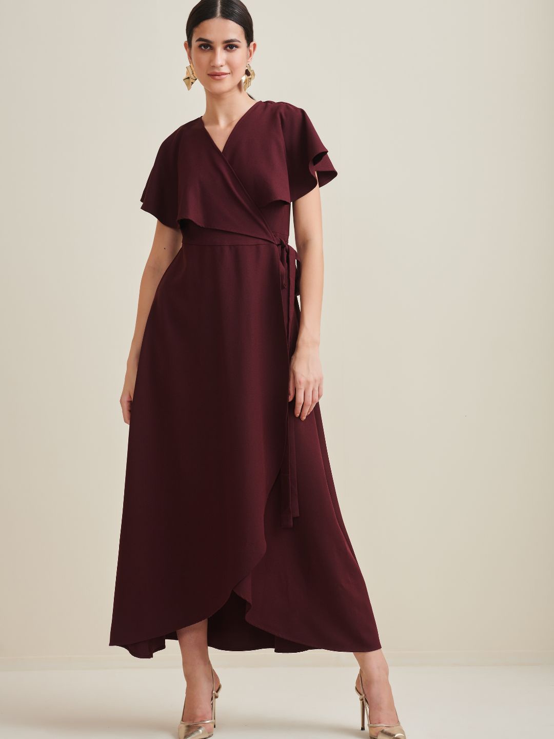 

FEMMELLA V-Neck Flutter Sleeve Tie-Up Wrap Midi Dress, Maroon
