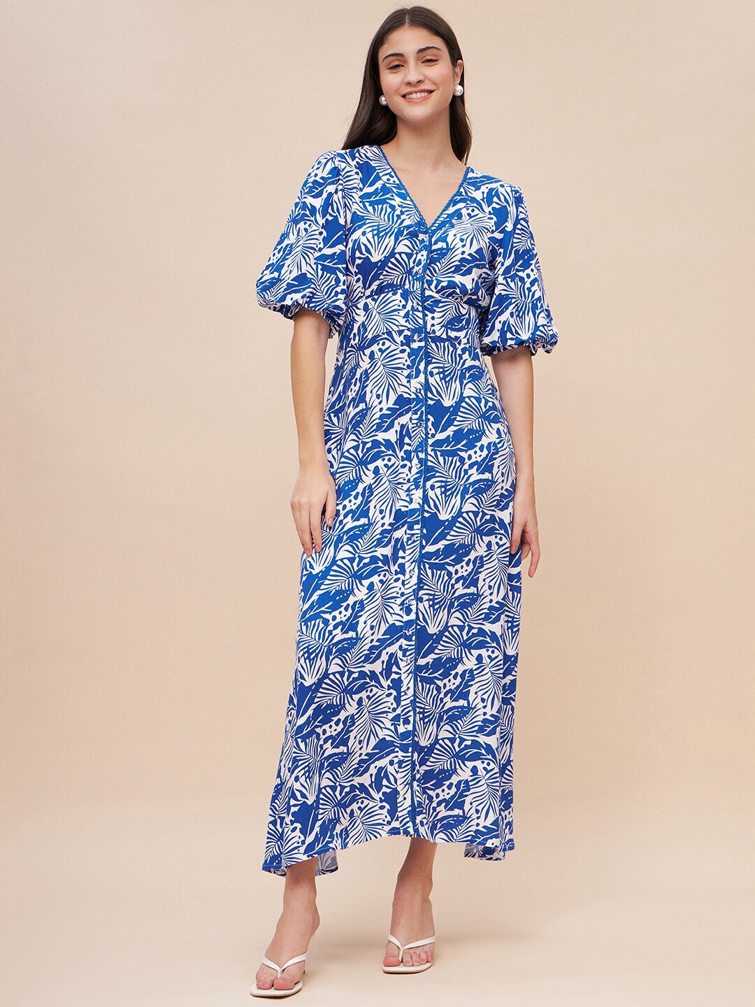 

Femella Floral Printed Puff Sleeve A-Line Midi Dress, Blue