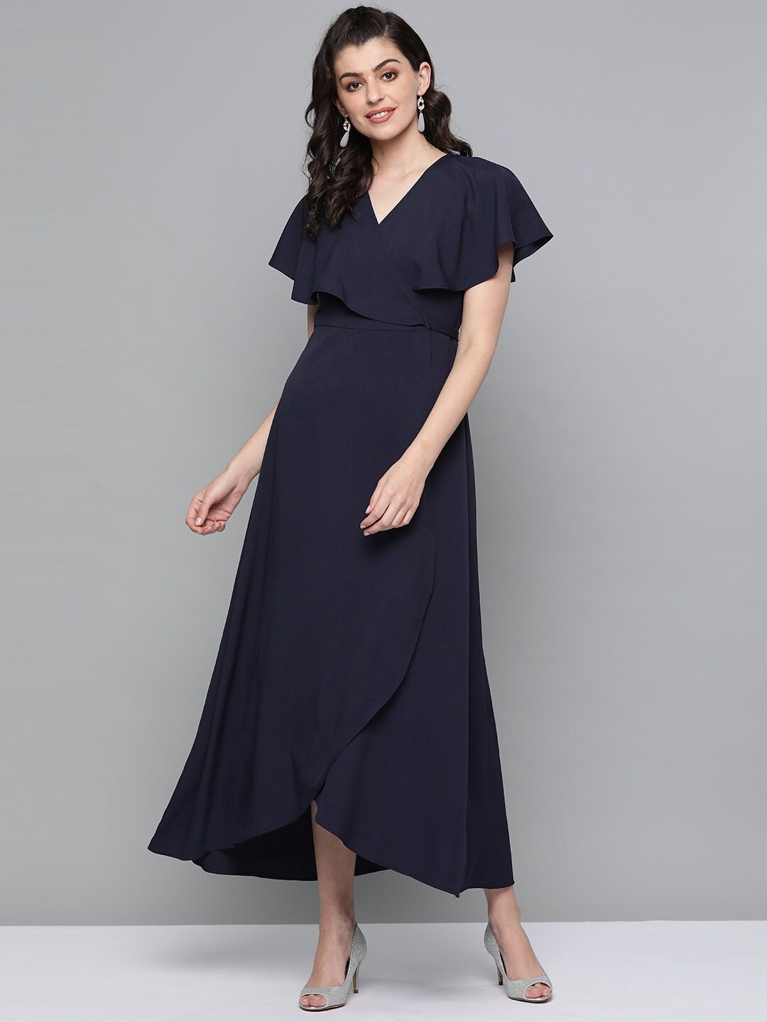 

FEMMELLA V-Neck Flutter Sleeve Tie-Up Wrap Midi Dress, Navy blue