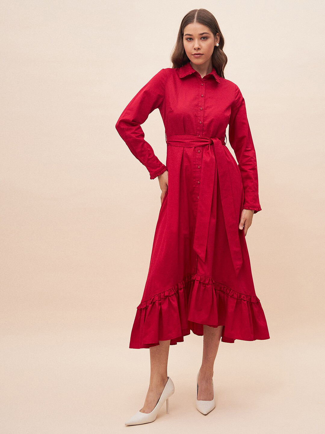 

Femella Shirt Collar Long Sleeves Tie-Up Pure Cotton Shirt Style Midi Dress, Red