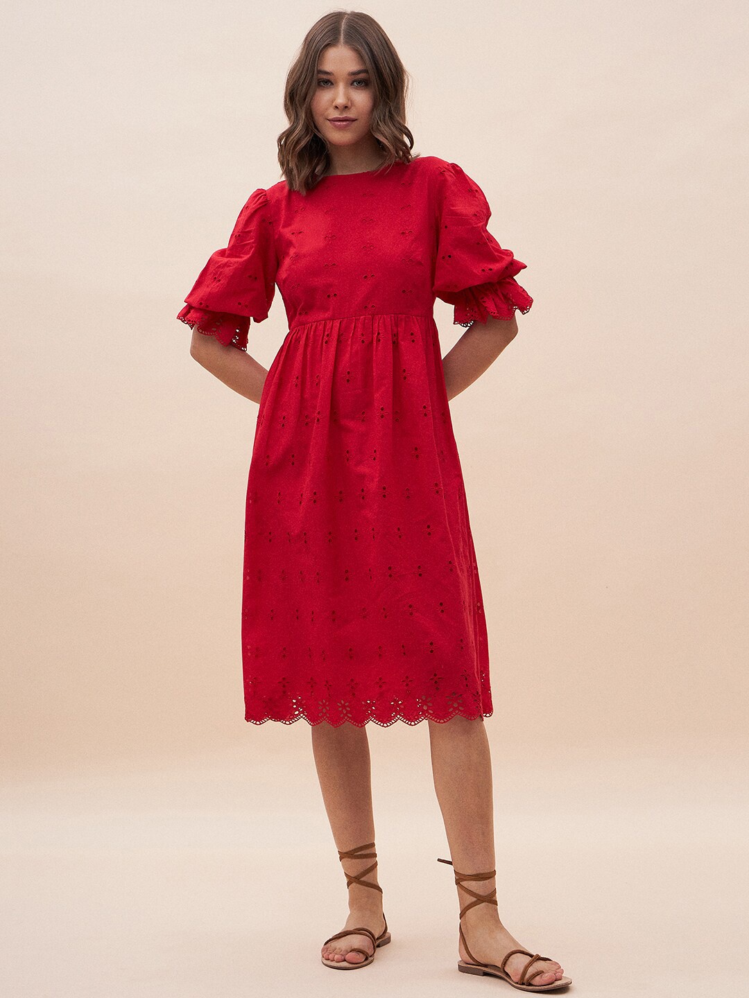 

Femella Self Design Puff Sleeve Schiffli Pure Cotton Fit & Flare Midi Dress, Red