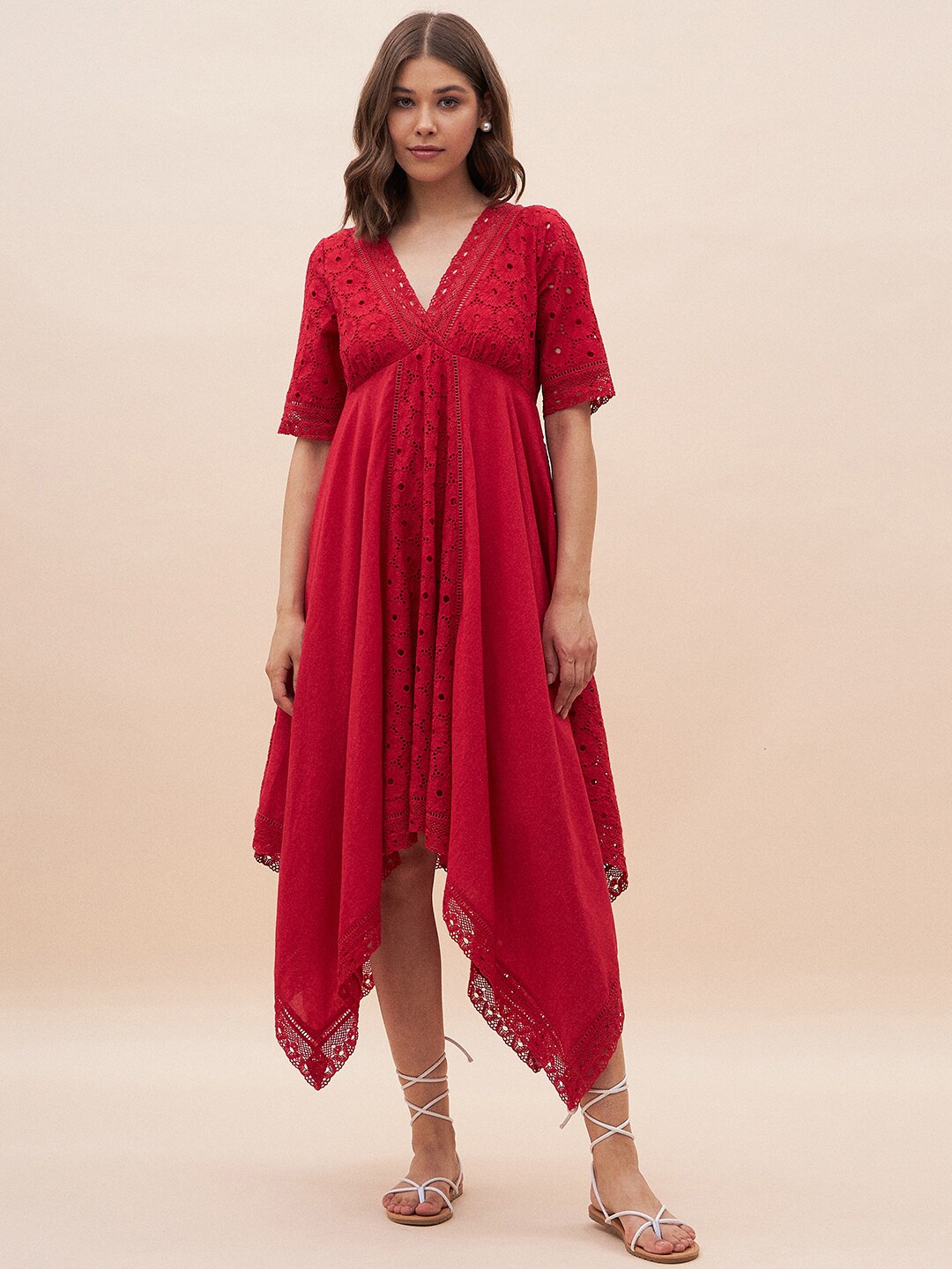 

Femella Self Design V-Neck Pure Cotton Fit & Flare Midi Dress, Red