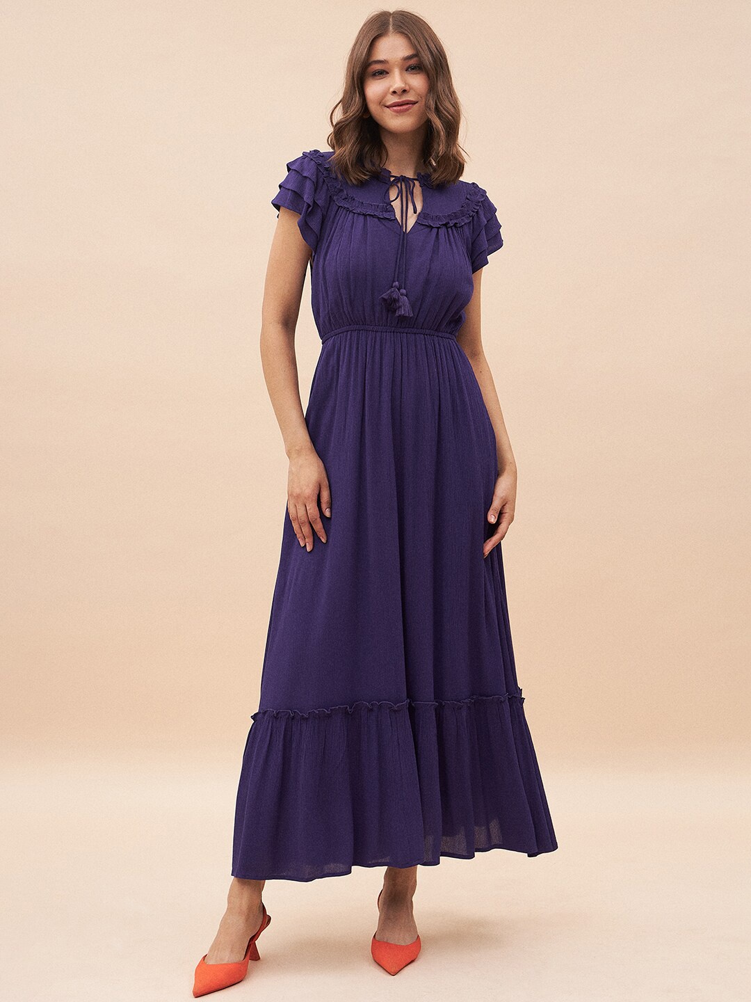 

Femella Tie-Up Neck Ruffled Fit & Flare Midi Dress, Purple
