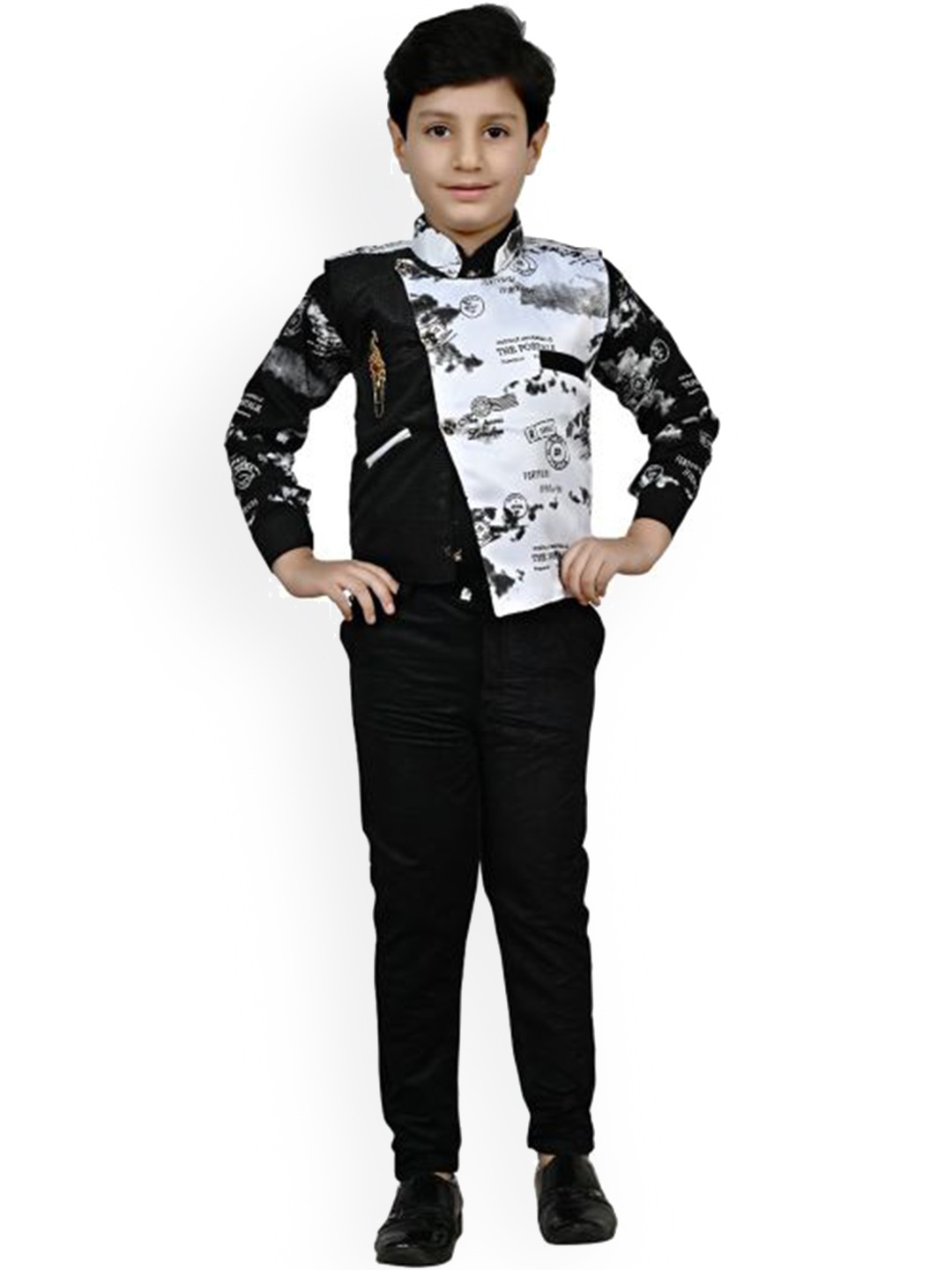 

BAESD Boys Printed Pure Cotton Shirt & Trousers With Waistcoat, Black