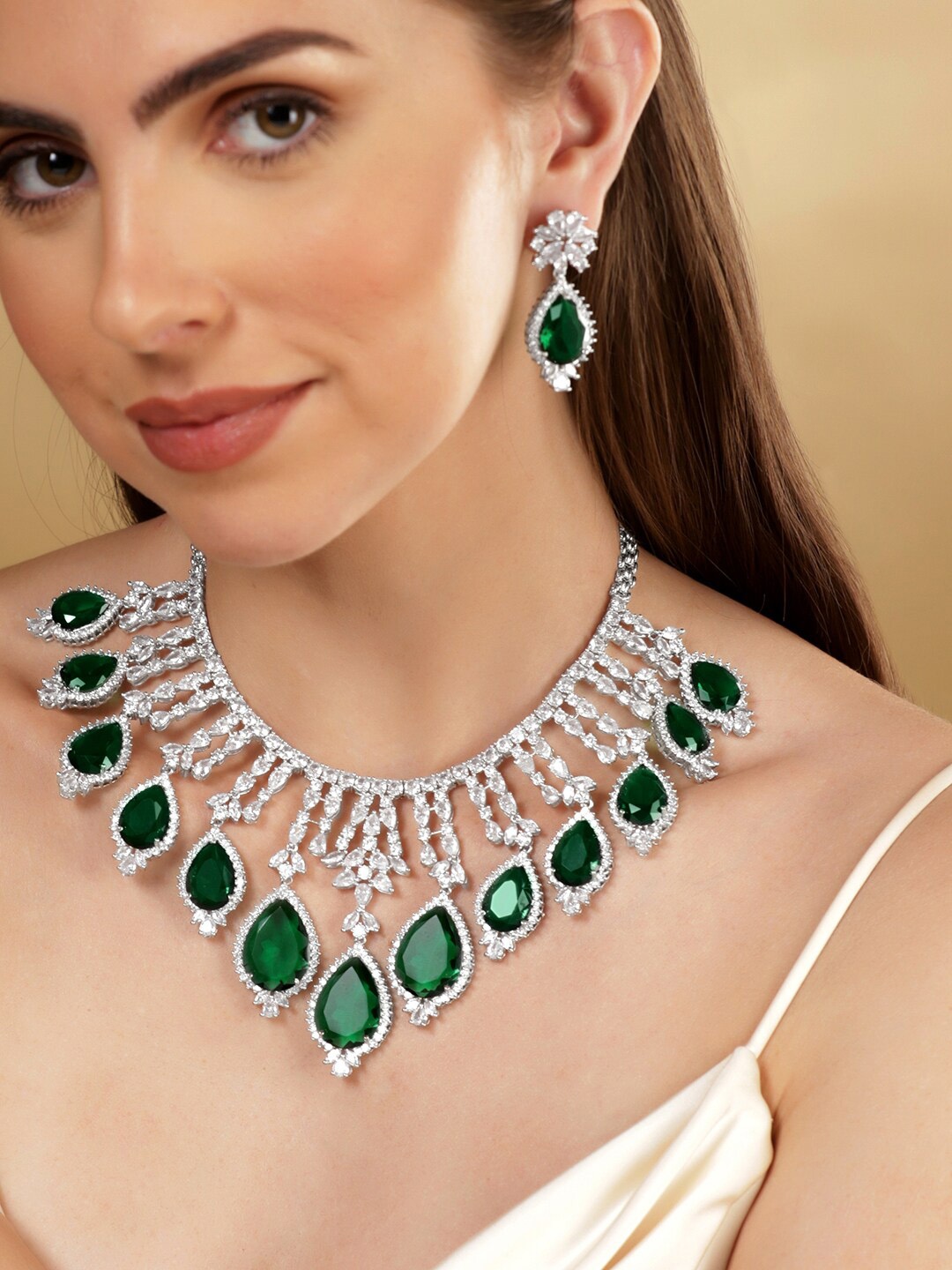 

Rubans Rhodium-Plated CZ-Studded Jewellery Set, Silver