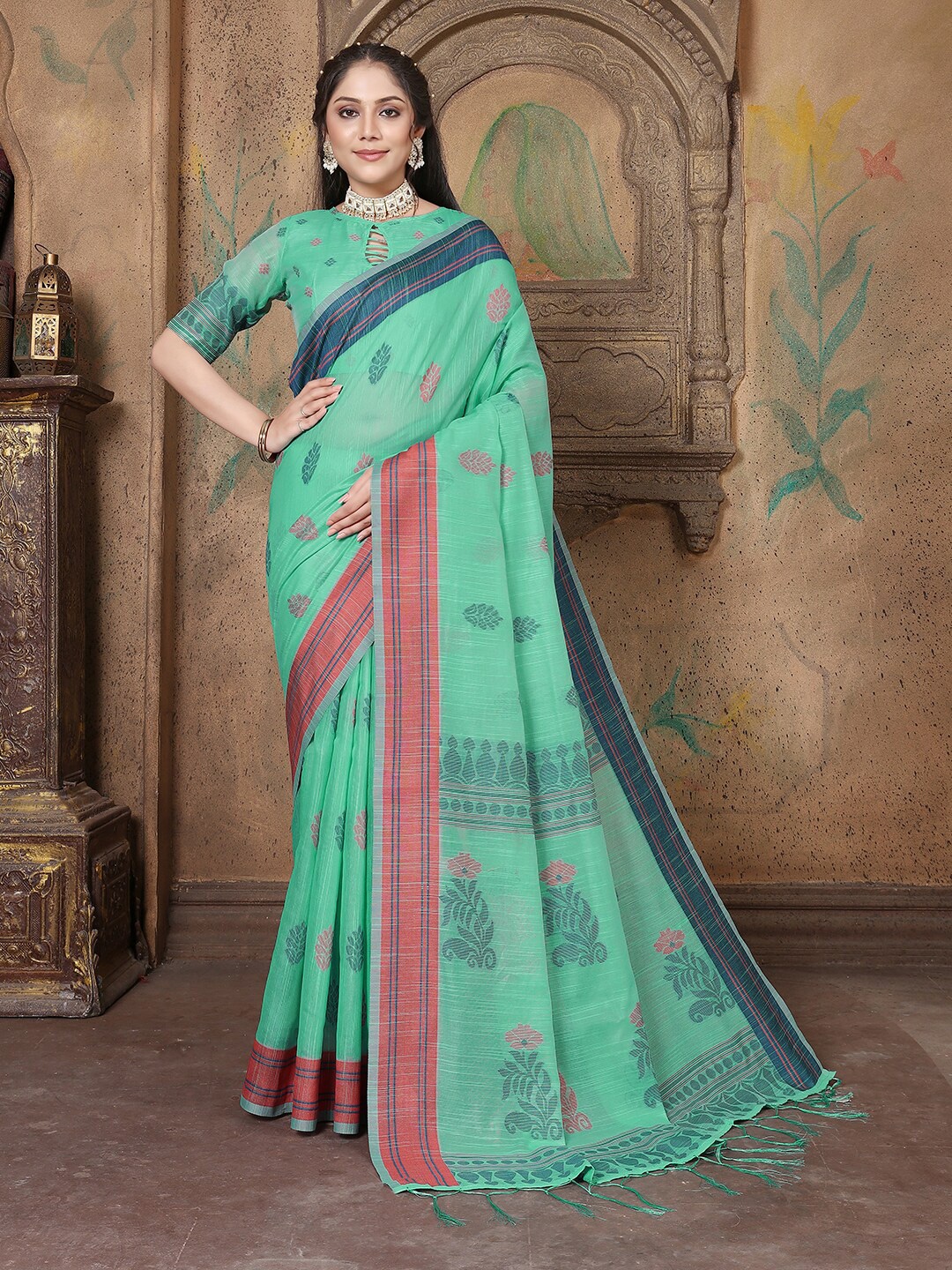 

Pisara Ethnic Motifs Woven Design Saree, Turquoise blue