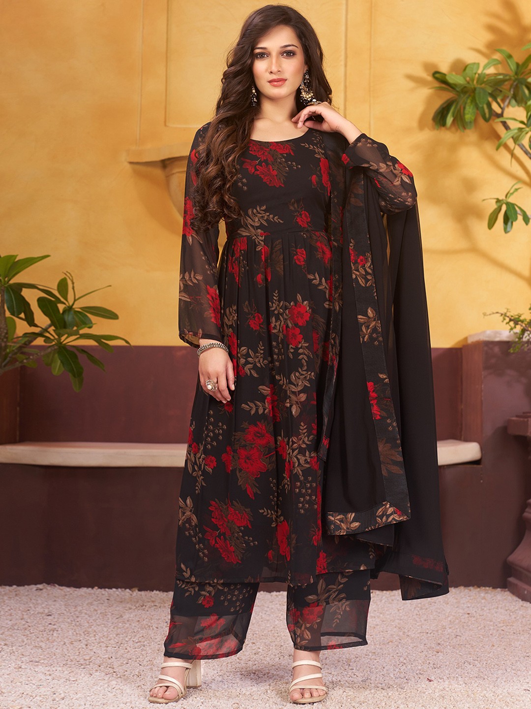 

KALINI Floral Printed Pleated Anarkali Kurta & Palazzos with Dupatta, Black