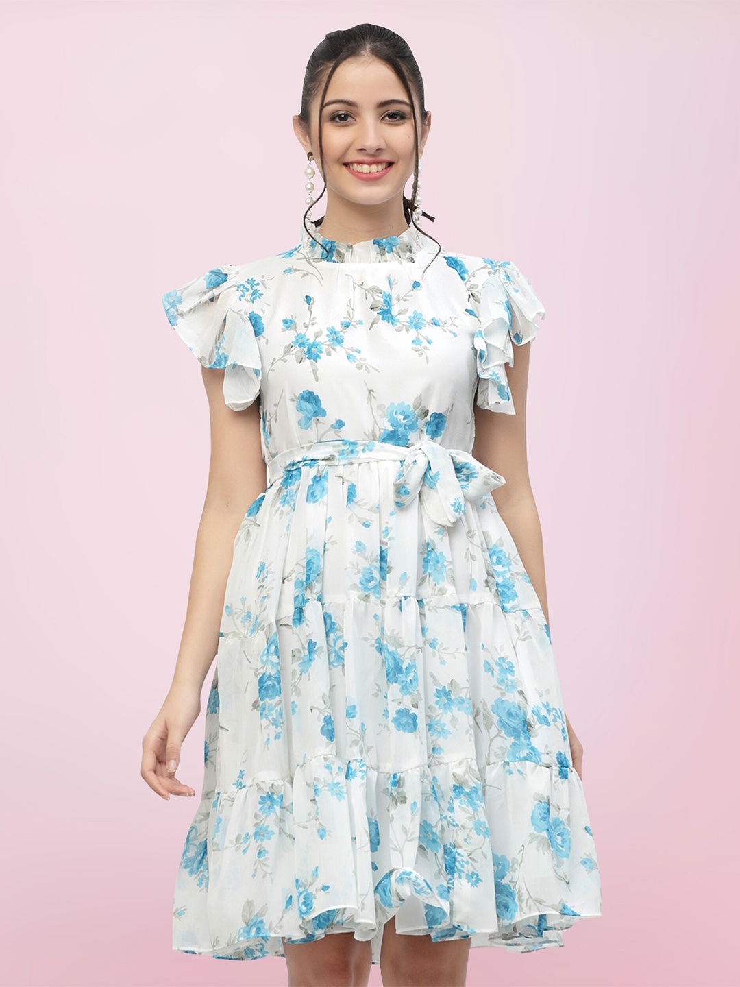 

BAESD Floral Printed High Neck Flutter Sleeves Gathered Georgette Fit & Flare Dress, White