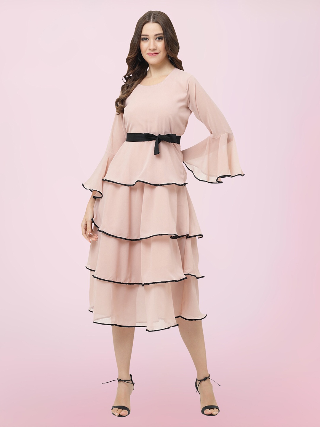 

BAESD Bell Sleeves Layered Georgette Fit & Flare Midi Dress, Pink