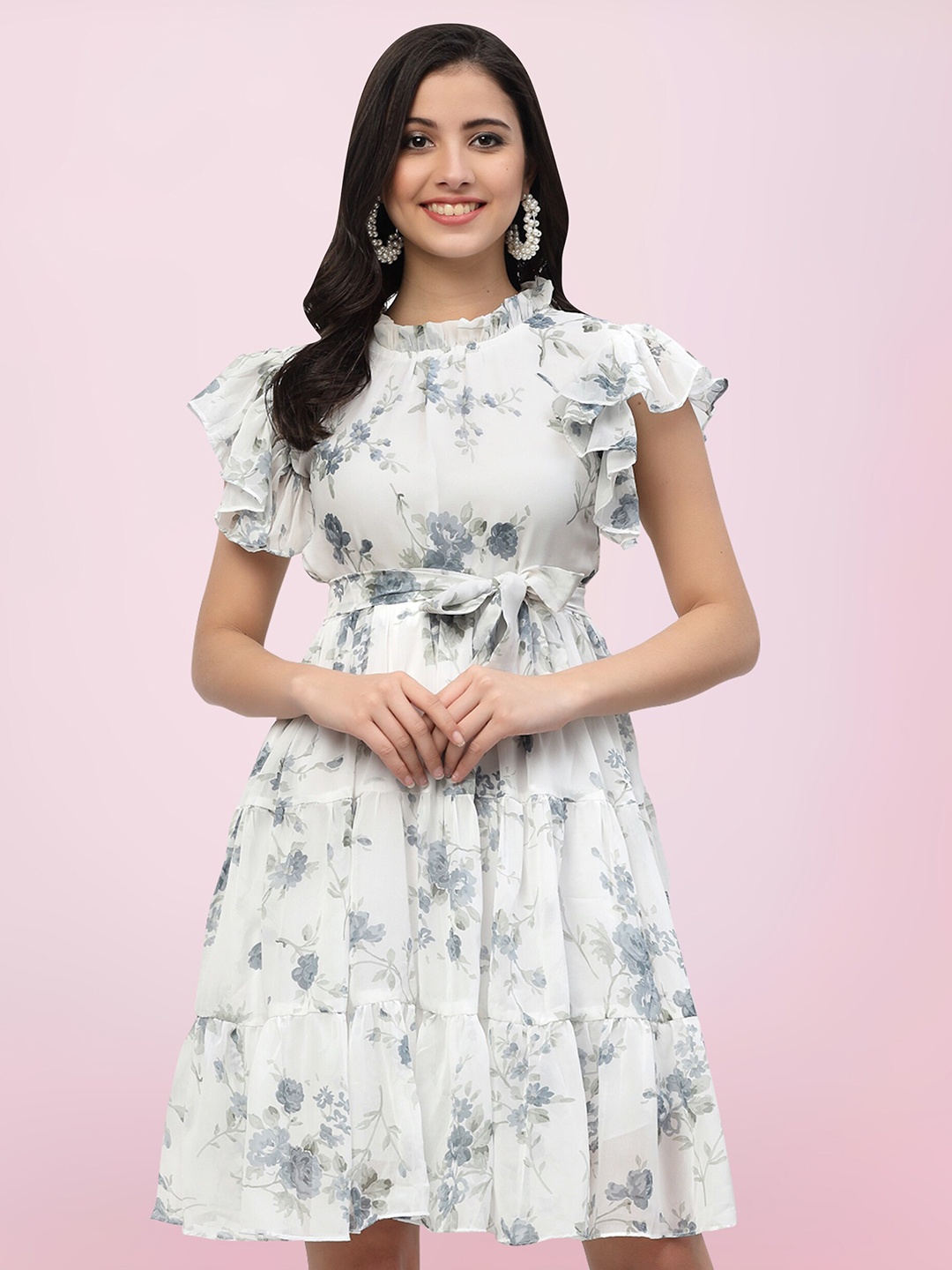 

BAESD Floral Printed Flared Sleeves Tiered Georgette Fit & Flare Dress, Grey