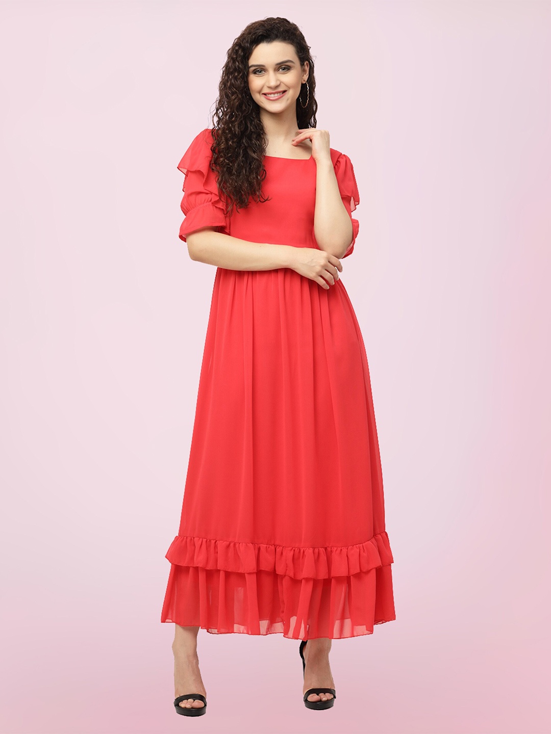 

BAESD Puff Sleeves Flounce Hem Gathered Georgette Fit & Flare Dress, Red