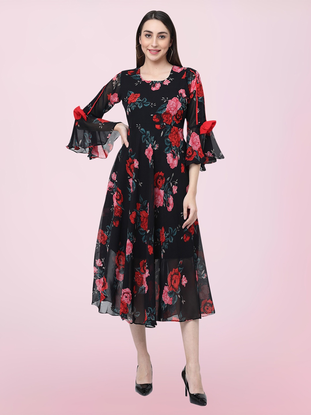 

BAESD Floral Printed Bell Sleeves Gathered Georgette Fit & Flare Midi Dress, Black