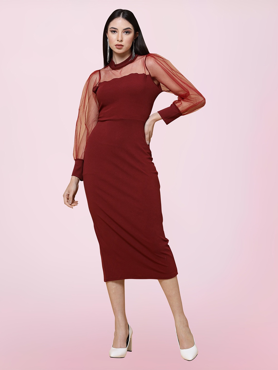 

BAESD High Neck Puff Sleeves Sheath Cotton Midi Dress, Maroon