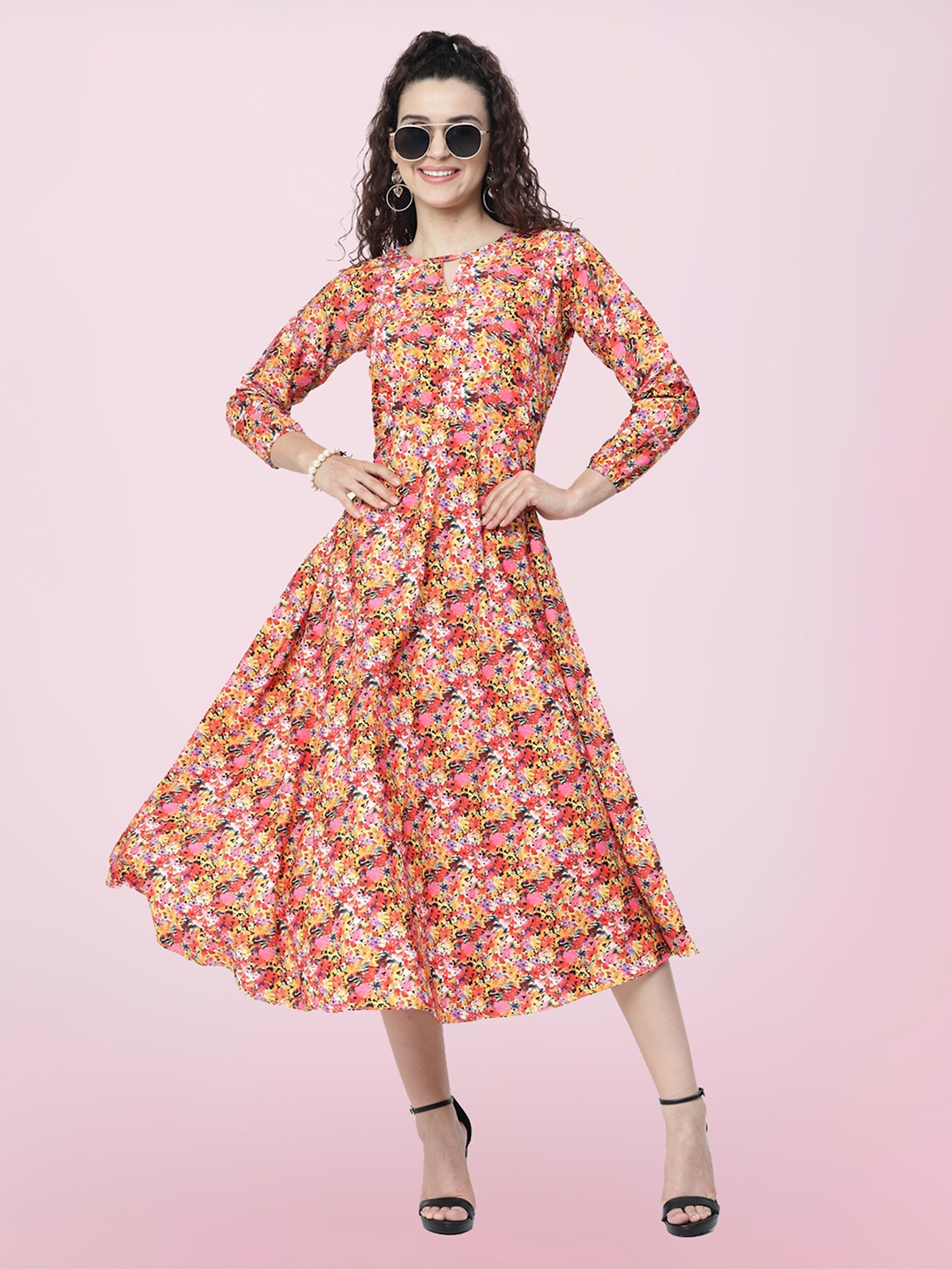

BAESD Floral Print Keyhole Neck Fit & Flare Midi Dress, Pink