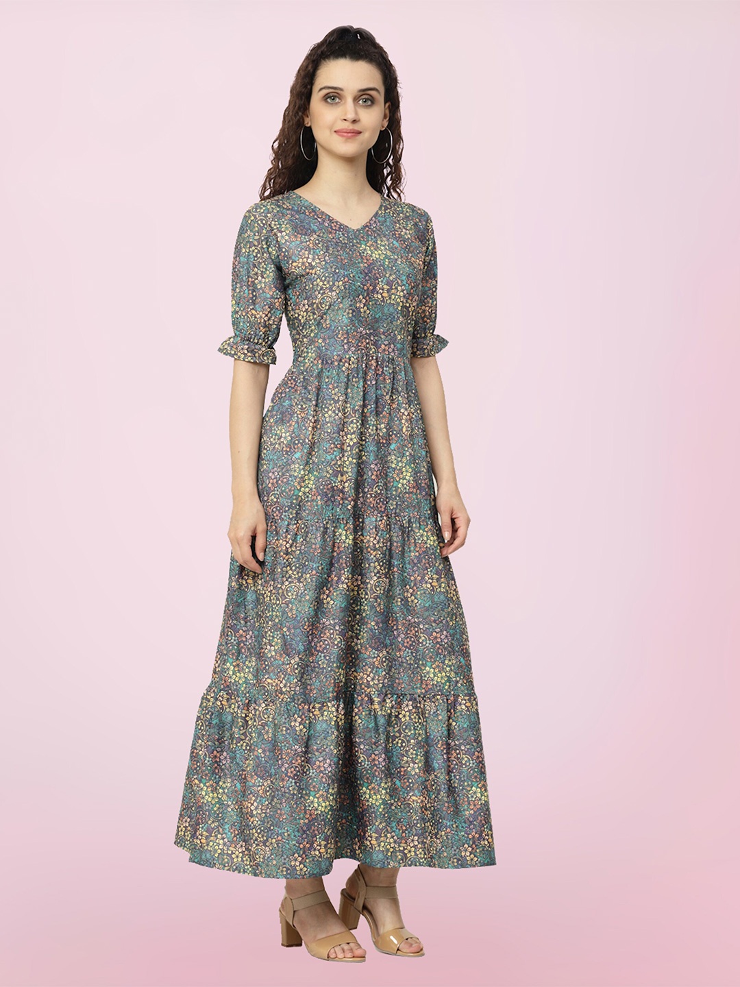 

BAESD Floral Printed V-Neck Puff Sleeves Tiered Maxi Dress, Mauve