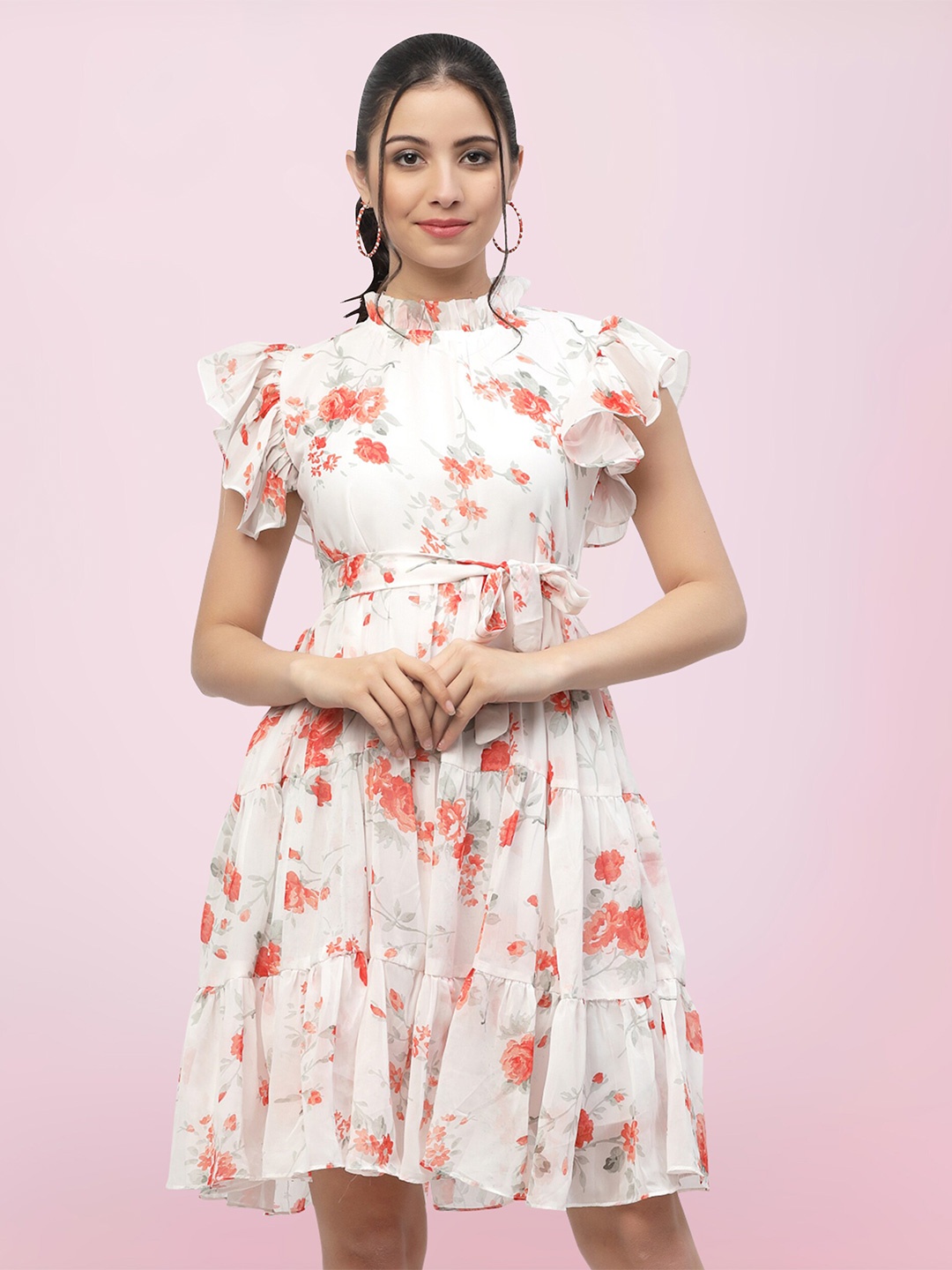 

BAESD Floral Printed High Neck Flutter Sleeves Tiered Fit & Flare Dress, White