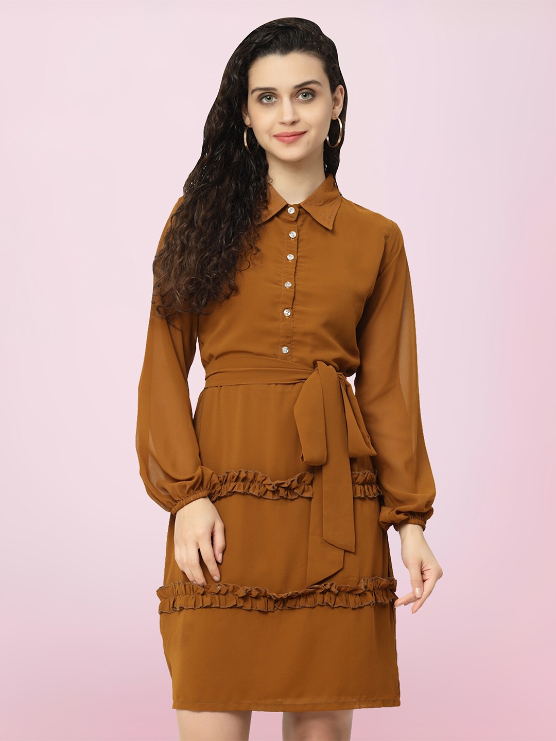 

BAESD Shirt Collar Cuffed Sleeves Ruffles Detail Shirt Dress, Brown