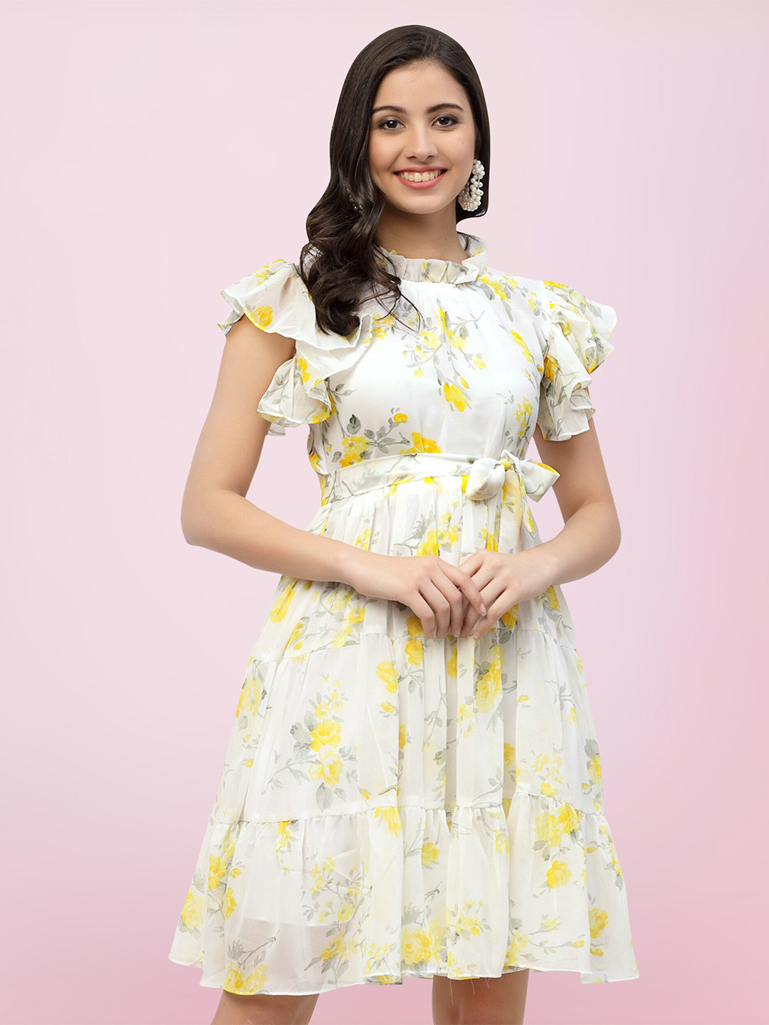 

BAESD Floral Printed High Neck Flutter Sleeves Gathered Georgette Fit & Flare Dress, White