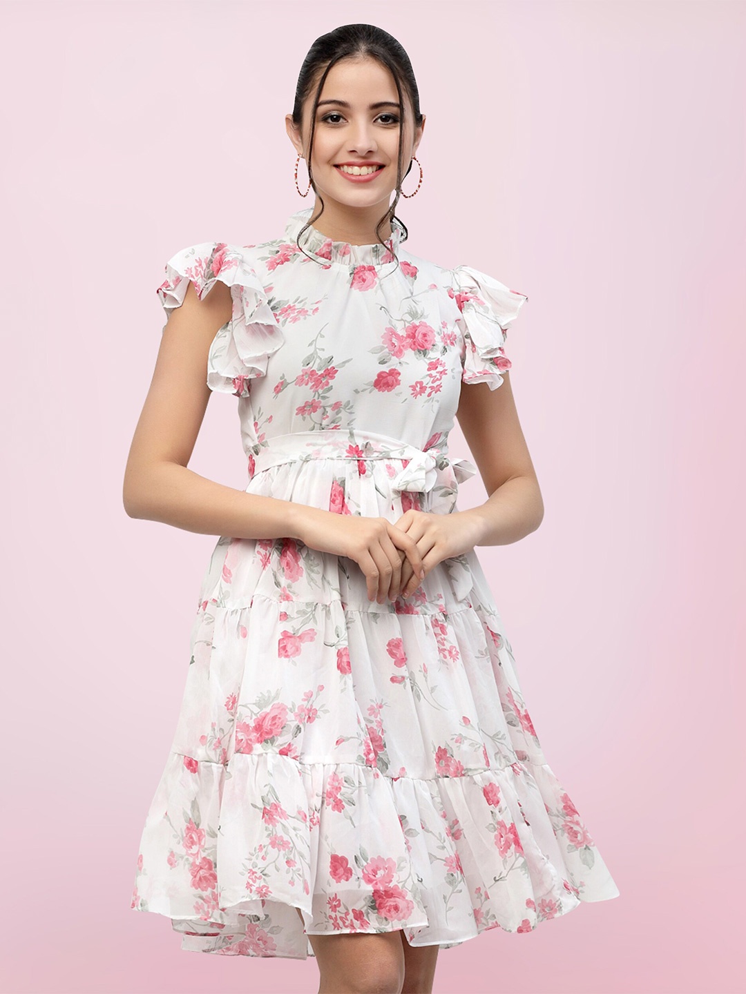 

BAESD Floral Printed High Neck Flutter Sleeves Tiered Fit & Flare Dress, White